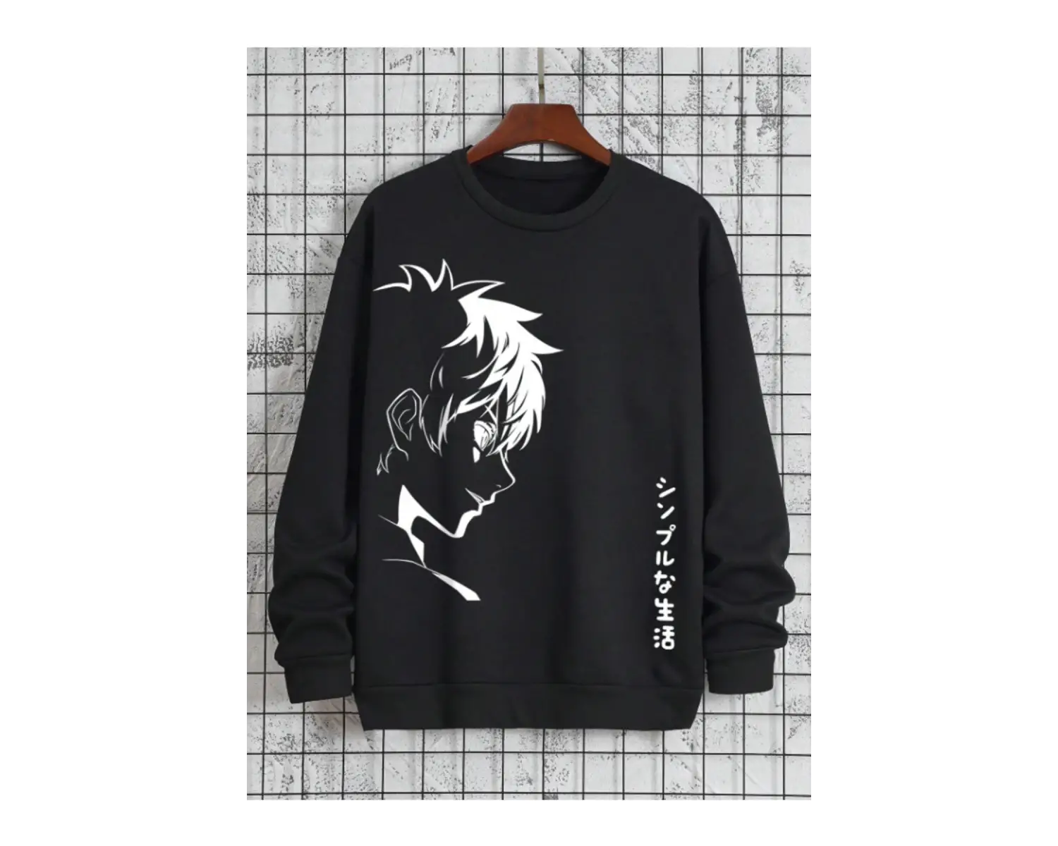Unisex Kadın/Erkek Siyah Anime Yaşam Oversize Bisiklet Yaka Pamuklu Sweatshirt