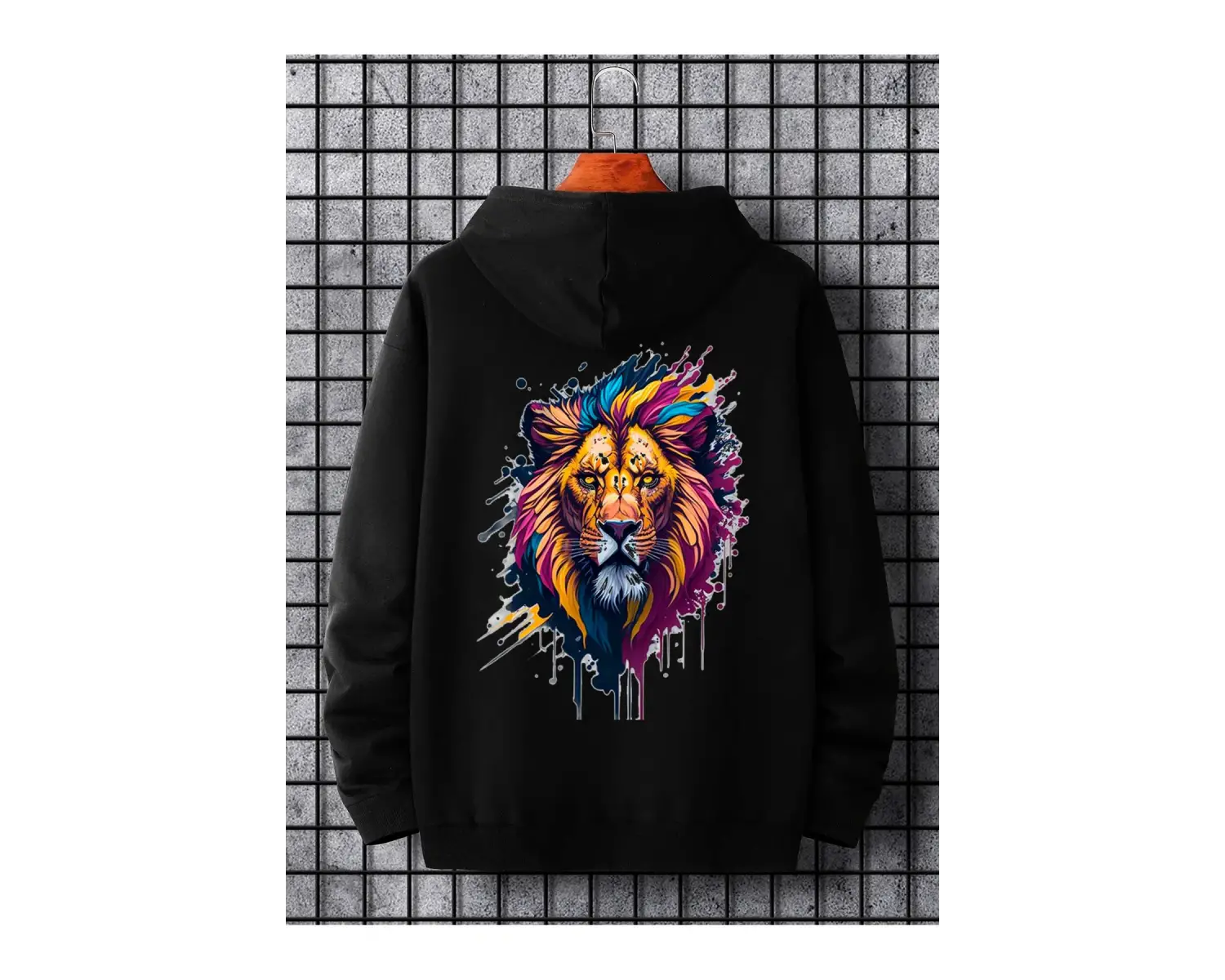 Unisex Kadın/Erkek Siyah Aslan Sırt Baskılı Oversize Kapüşonlu Sweatshirt