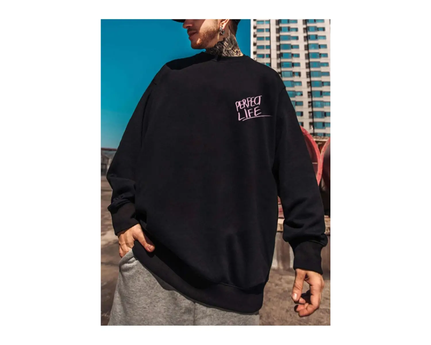 Unisex Kadın/Erkek Siyah Perfect Life Oversize Bisiklet Yaka Pamuklu Sweatshirt