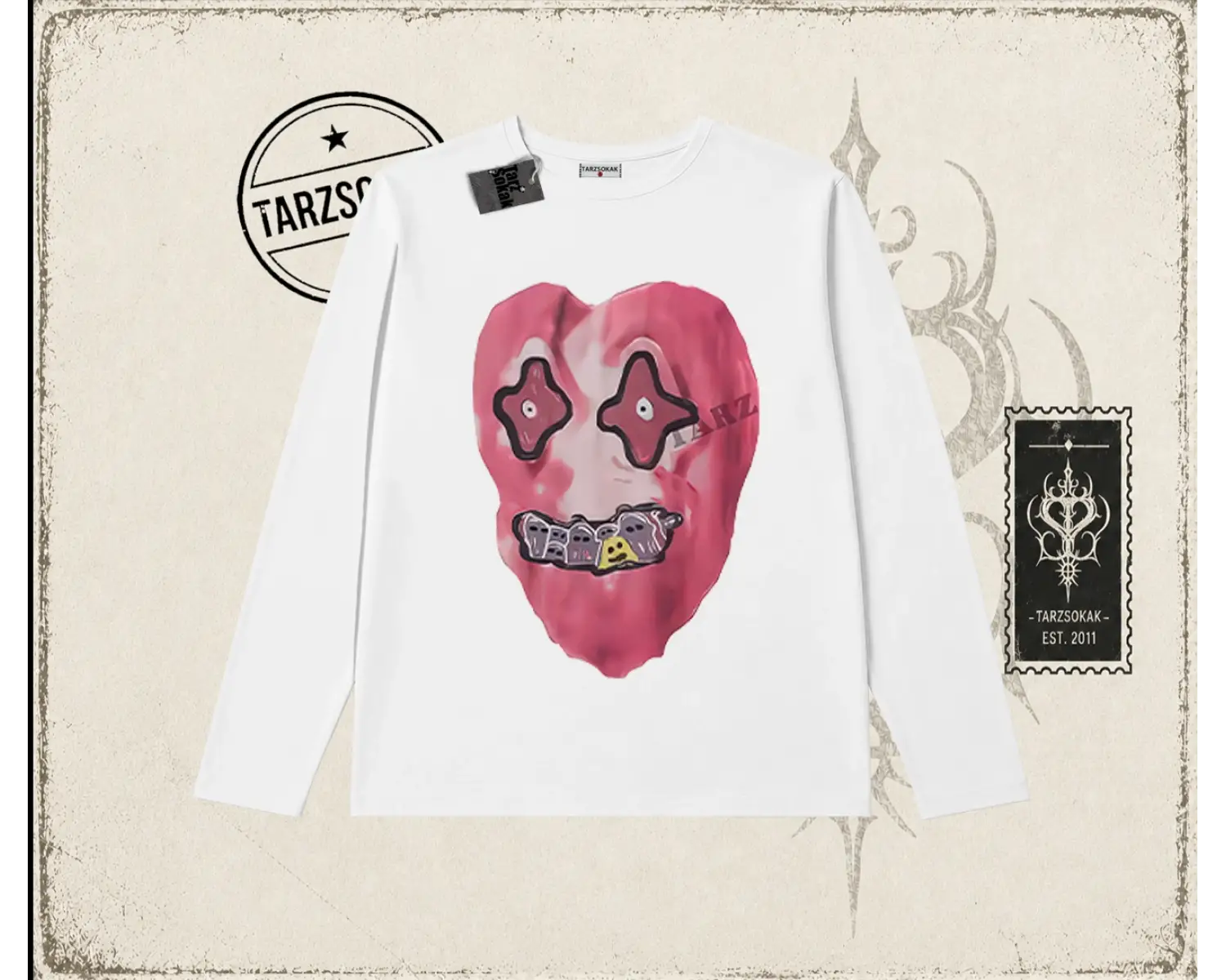 Unisex Kalp Biskilet Yaka  Long Sleeve Beyaz