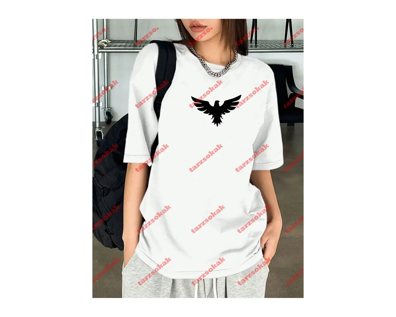 Unisex Kartal Baskılı Tshirt Beyaz