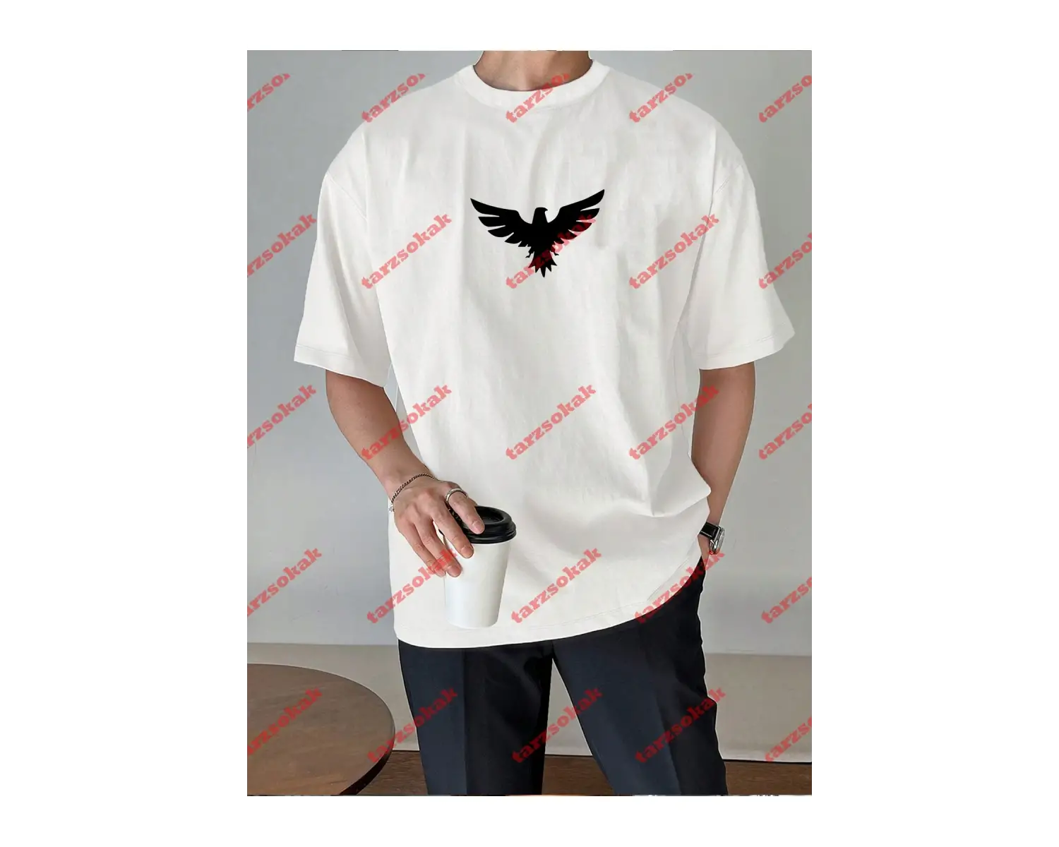 Unisex Kartal Baskılı Tshirt Beyaz