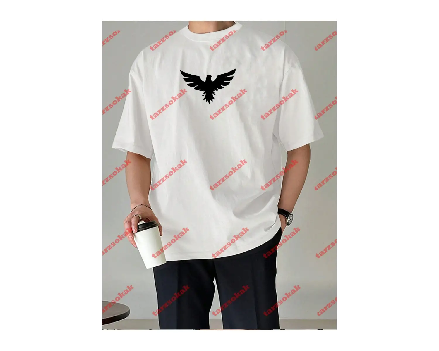 Unisex Kartal Baskılı Tshirt Beyaz