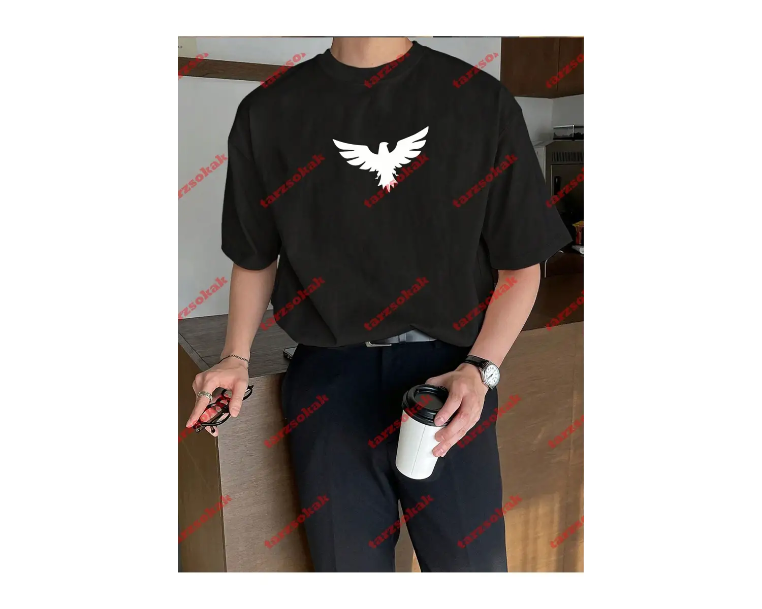 Unisex Kartal Baskılı Tshirt Siyah