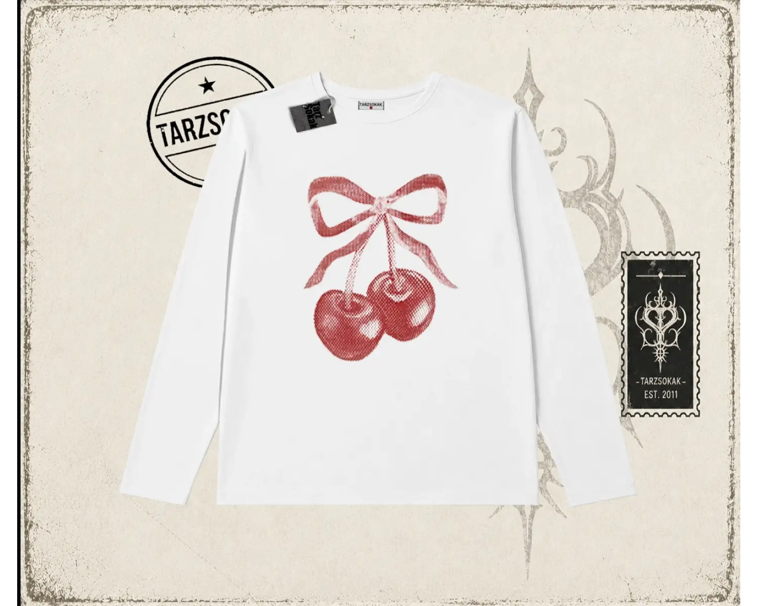 Unisex Kiraz Kurdele Tram Biskilet Yaka  Long Sleeve Beyaz