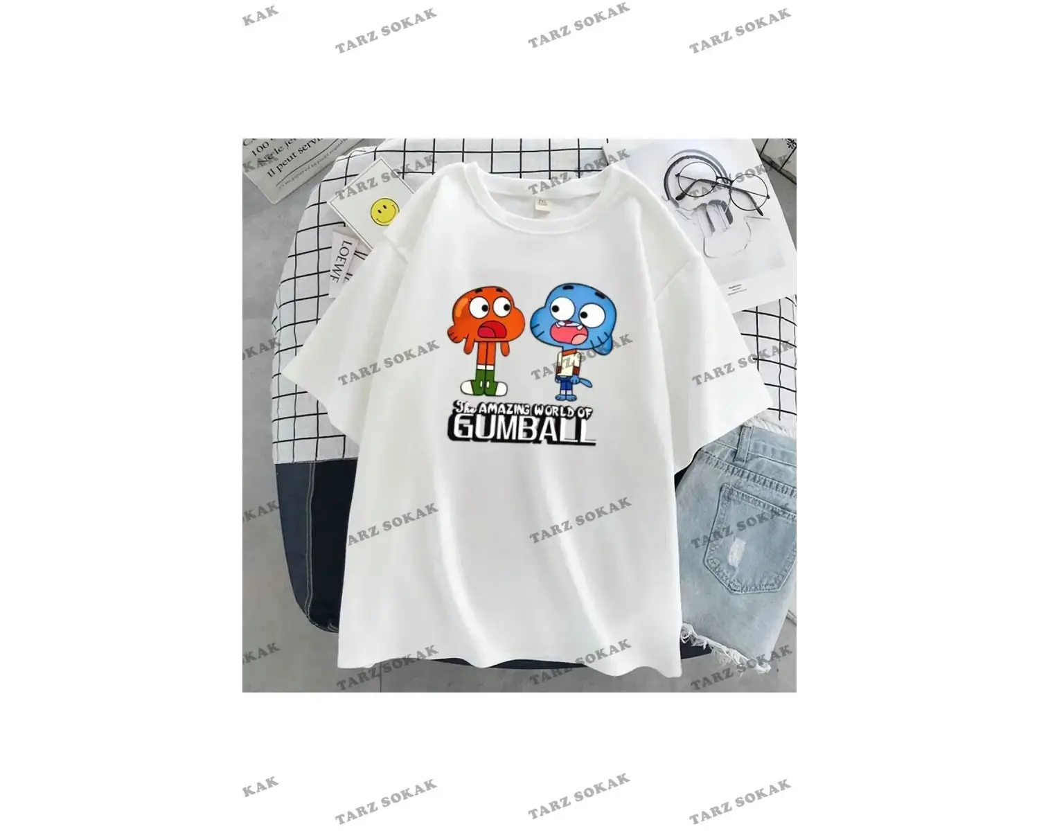 Unisex Kız/Erkek Gumball Özel Baskılı Kız/erkek Çocuk Penye Bisiklet Yaka