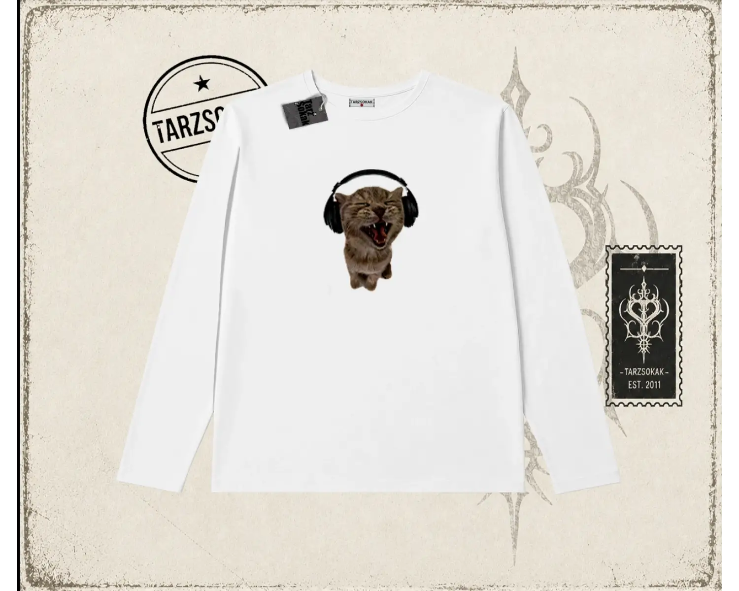 Unisex Kulaklıklı Kedi Biskilet Yaka  Long Sleeve Beyaz