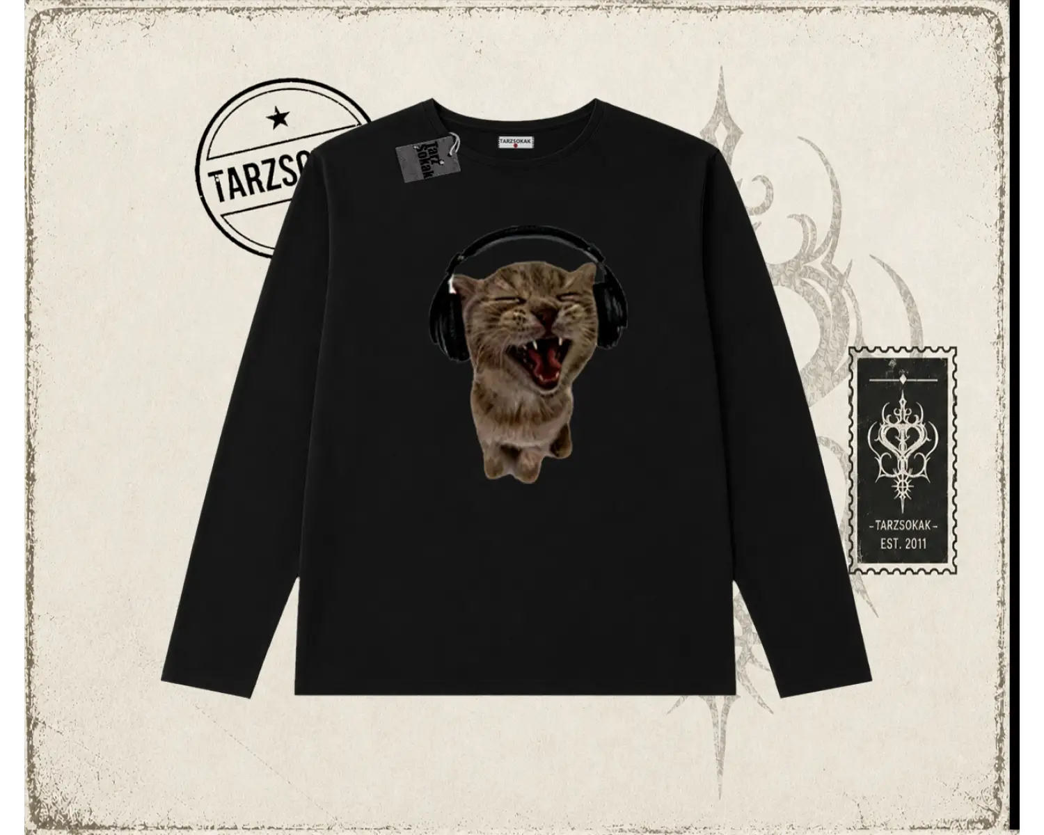 Unisex Kulaklıklı Kedi Biskilet Yaka  Long Sleeve Beyaz