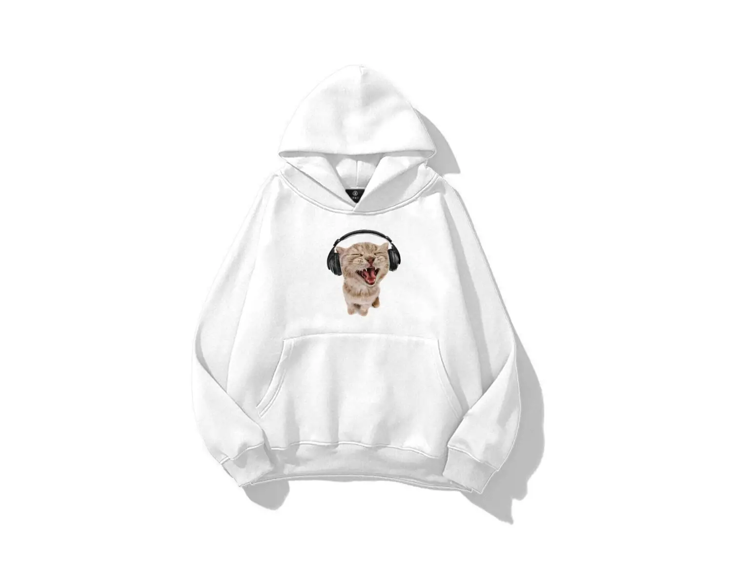 Unisex Kulaklıklı Kedi Sweatshirt Beyaz