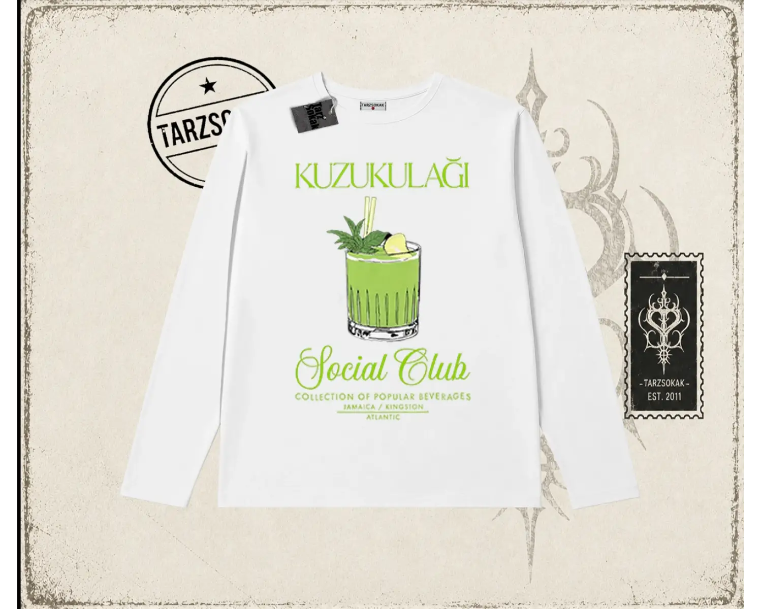 Unisex Kuzu Kulağı Biskilet Yaka  Long Sleeve Beyaz