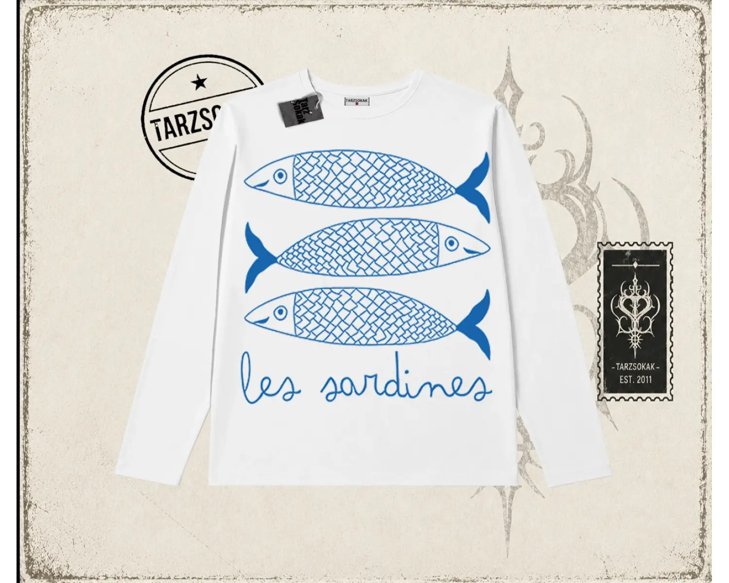 Unisex Les Sardines Biskilet Yaka  Long Sleeve Beyaz
