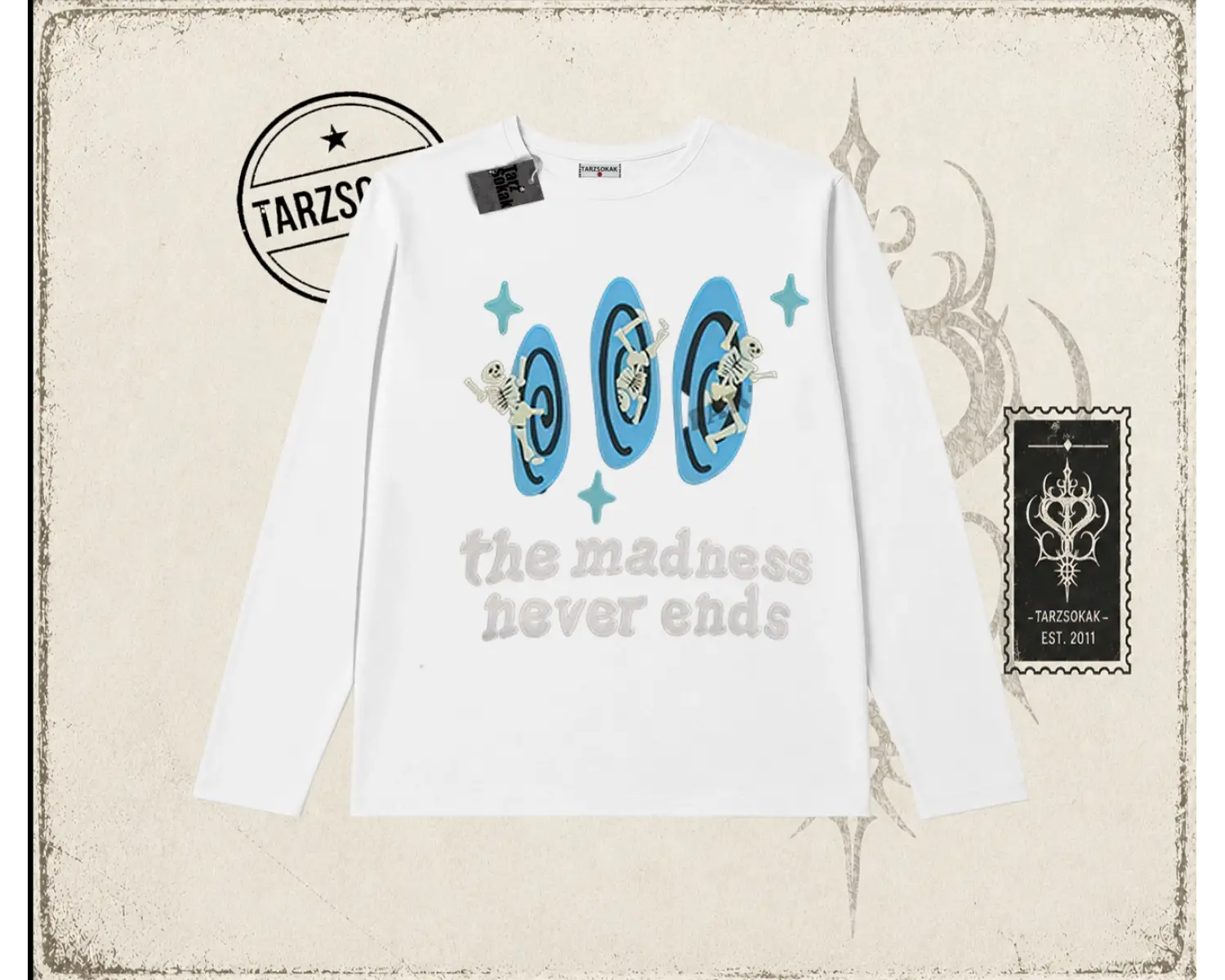 Unisex Madness Never Ends Biskilet Yaka  Long Sleeve Beyaz