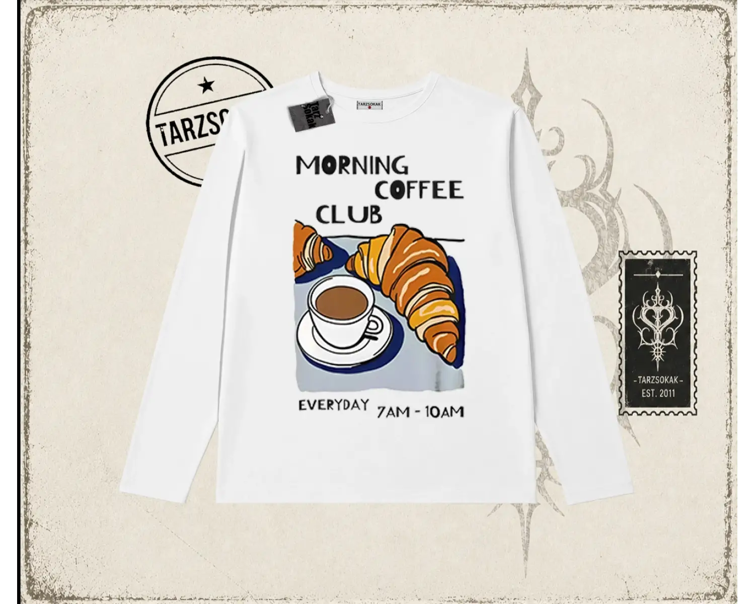 Unisex Morning Coffee Club Biskilet Yaka  Long Sleeve Beyaz