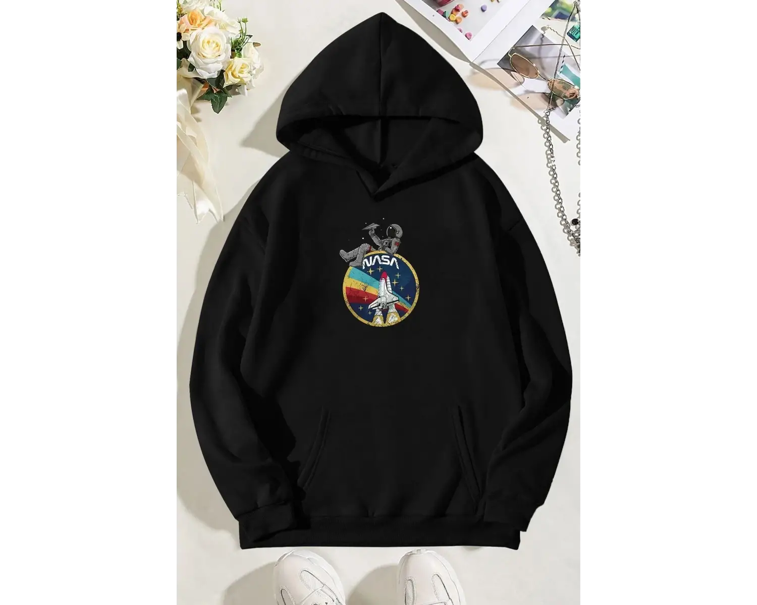 Unisex Nasa Baskılı Sweatshirt KP-BEYAZ-GEMI