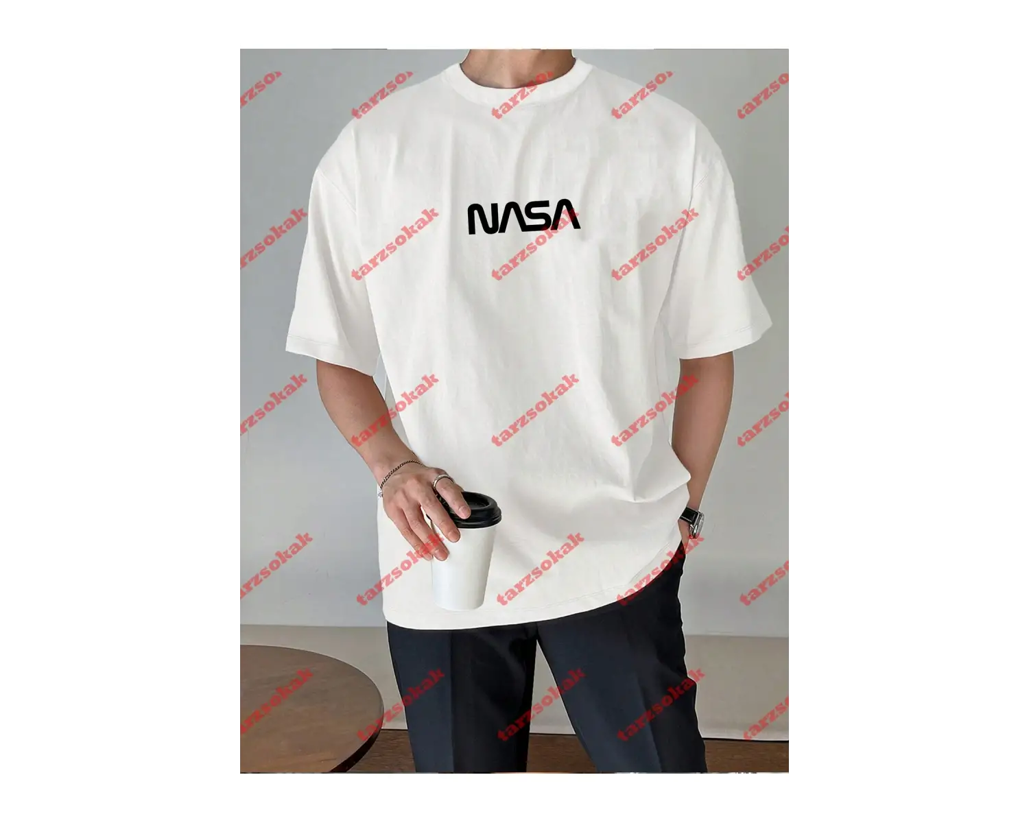 Unisex Nasa Baskılı Tshirt Beyaz
