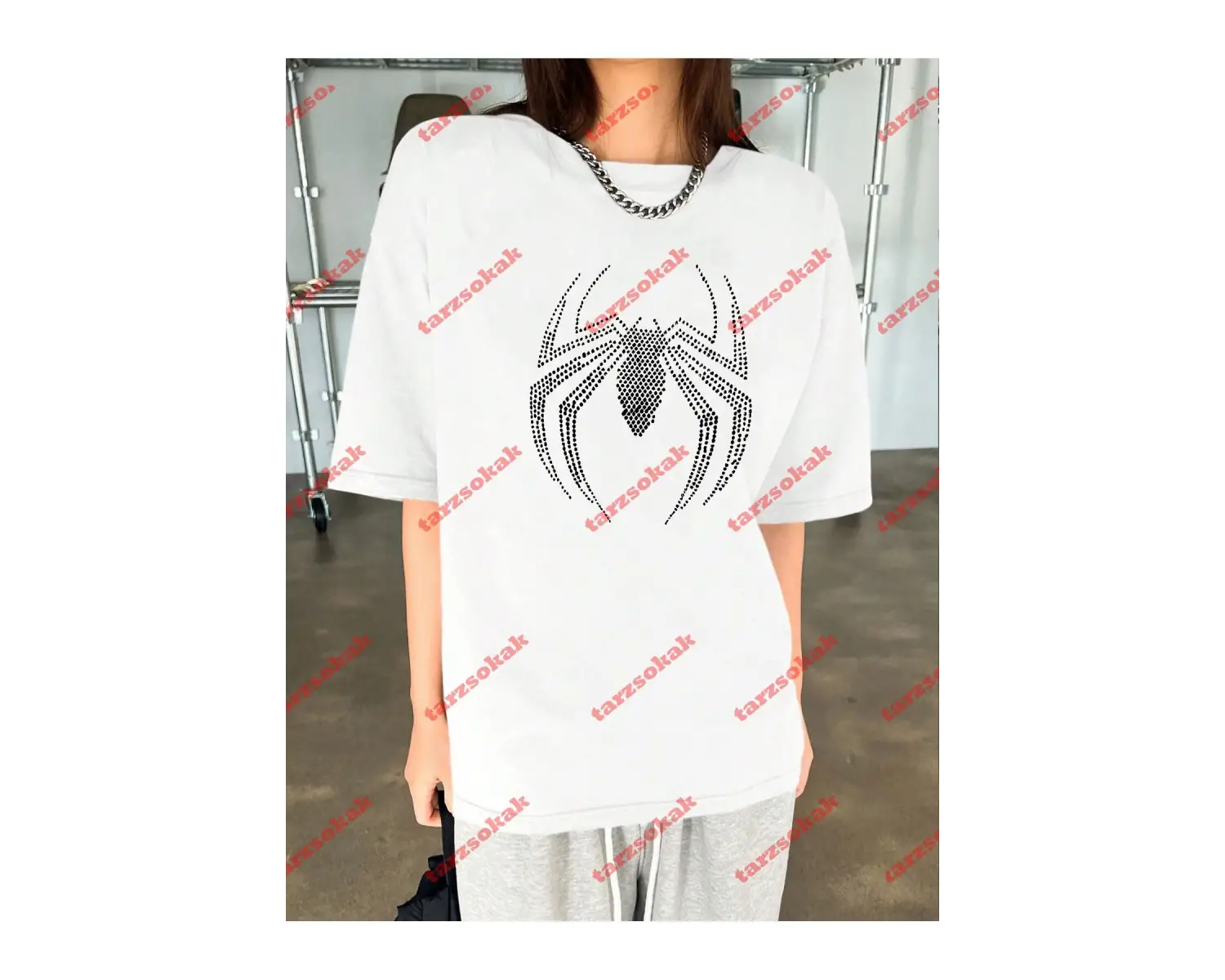 Unisex Örümcek Baskılı Tshirt Beyaz