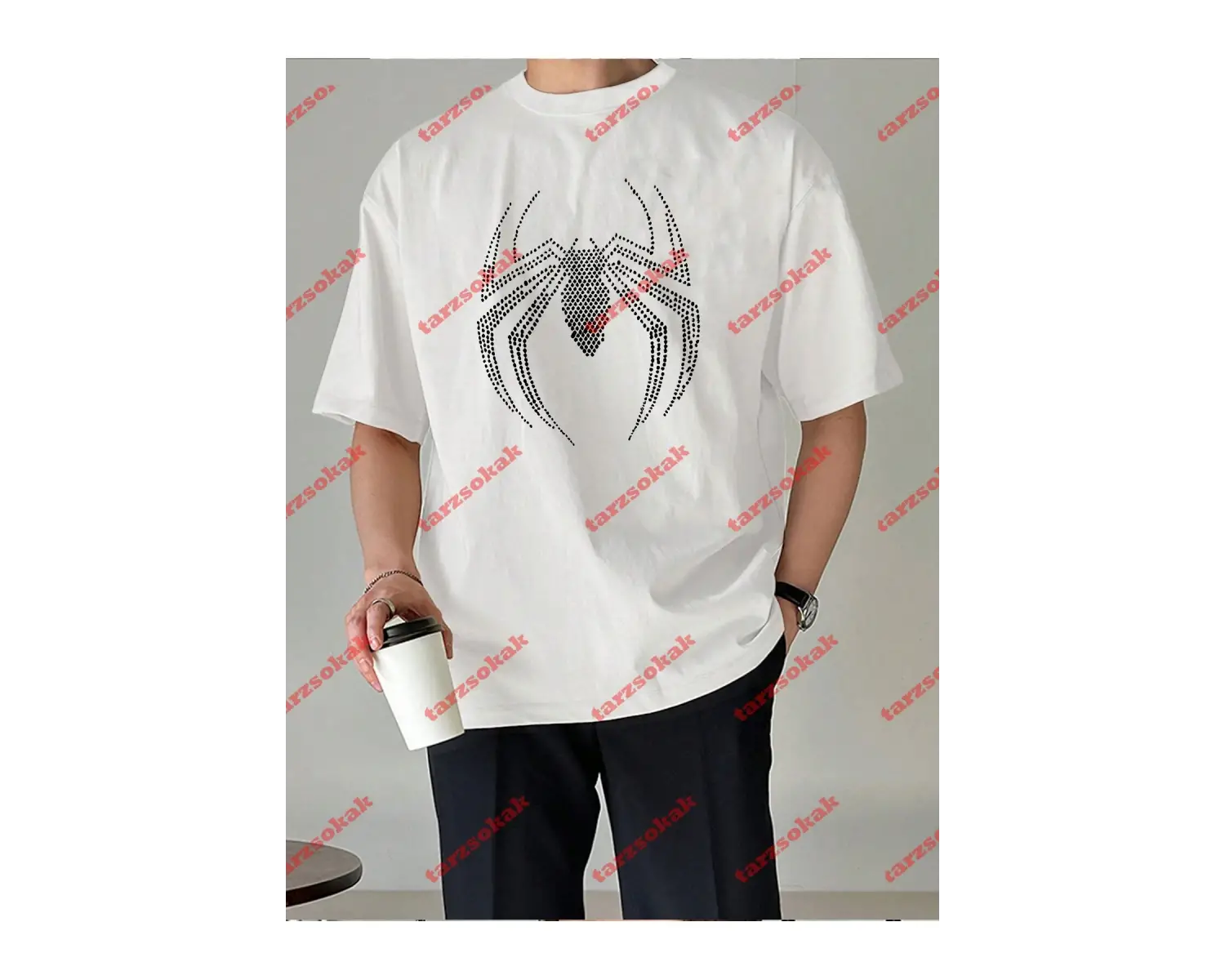 Unisex Örümcek Baskılı Tshirt Beyaz