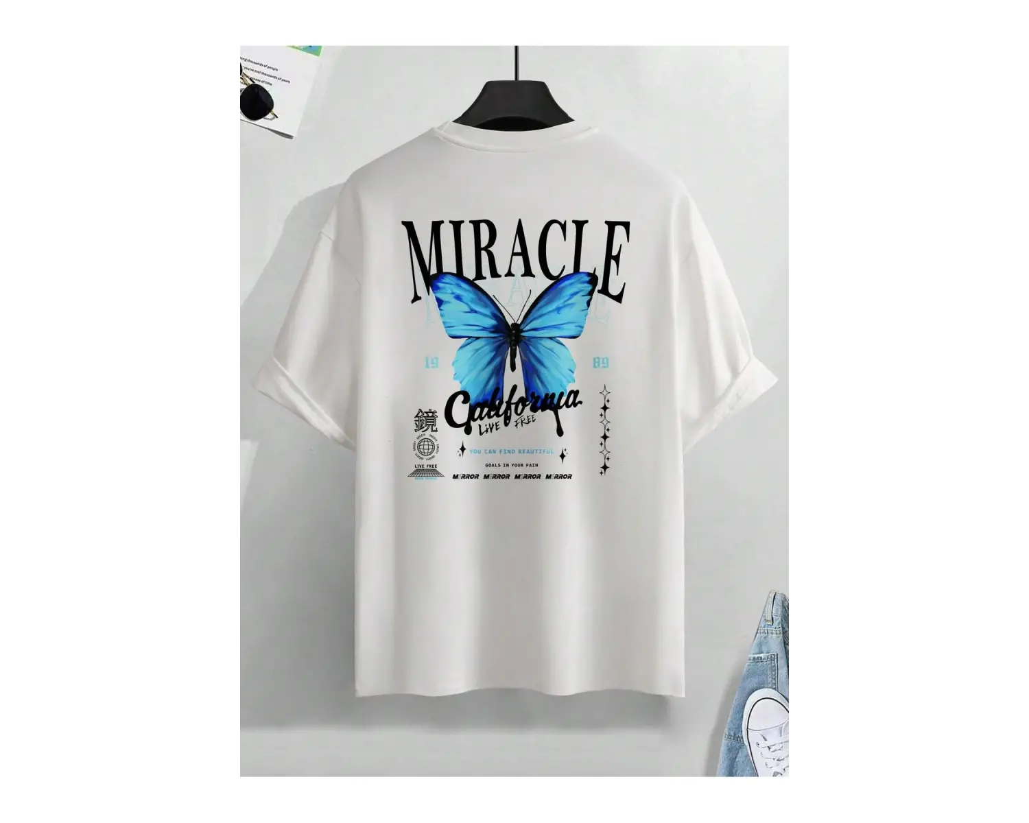 Unisex Oversize Kalıp Kelebek & Harf Grafik Damla Omuz Harajuku Style