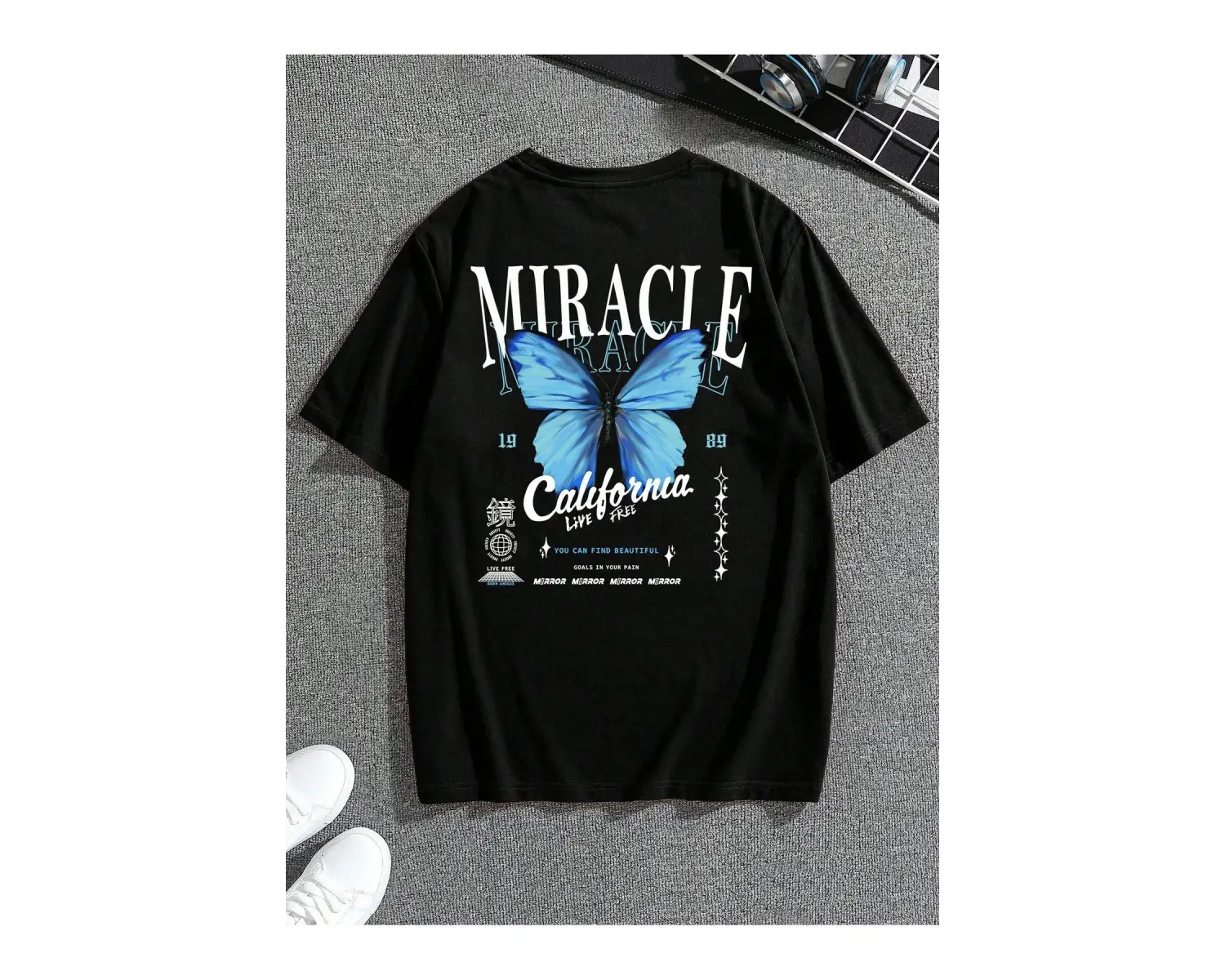 Unisex Oversize Kalıp Kelebek & Harf Grafik Damla Omuz Harajuku Style