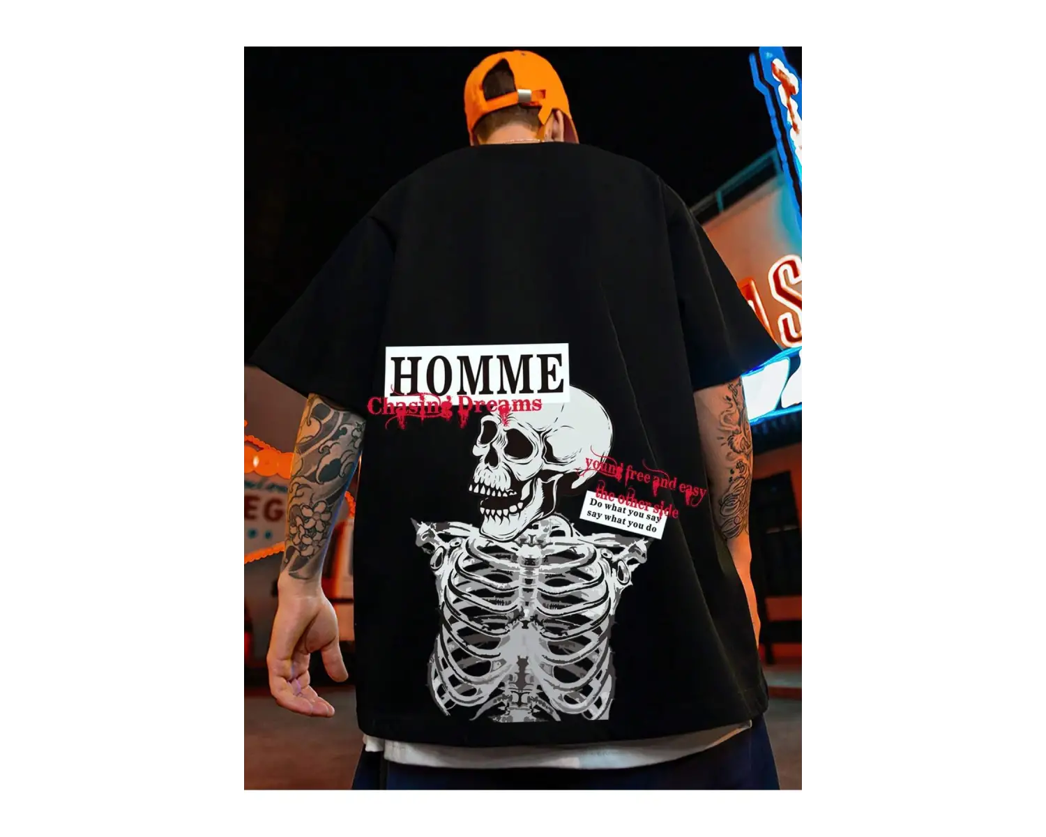 Unisex Oversize Kalıp Sloganlı ve İskelet Baskılı Harajuku Style