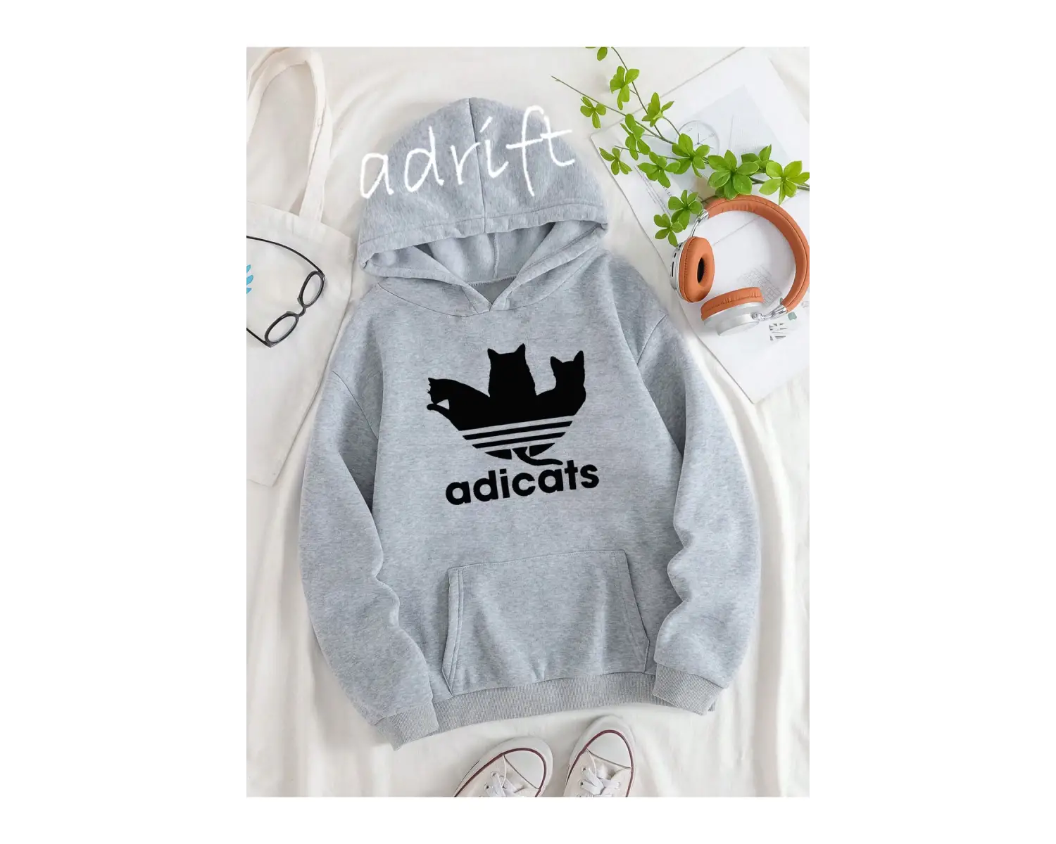 Unisex Oversize Kapüşonlu Kanguru Cepli Adicats Baskılı Gri