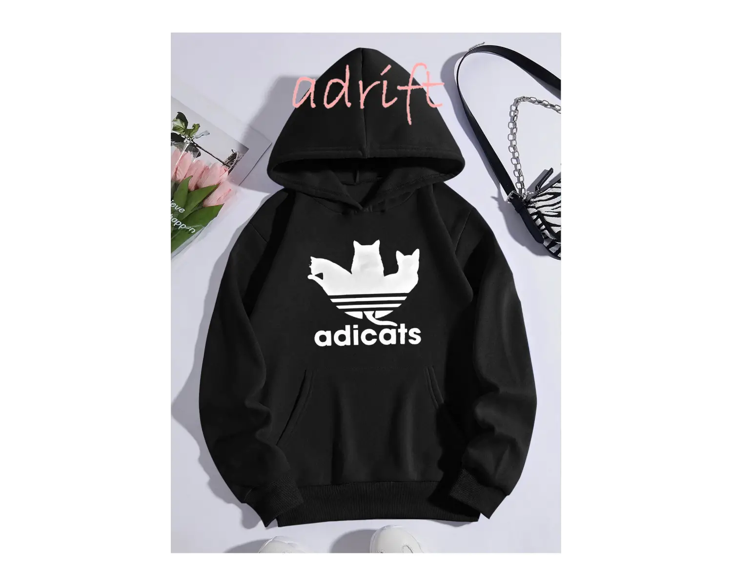 Unisex Oversize Kapüşonlu Kanguru Cepli Adicats Baskılı Gri