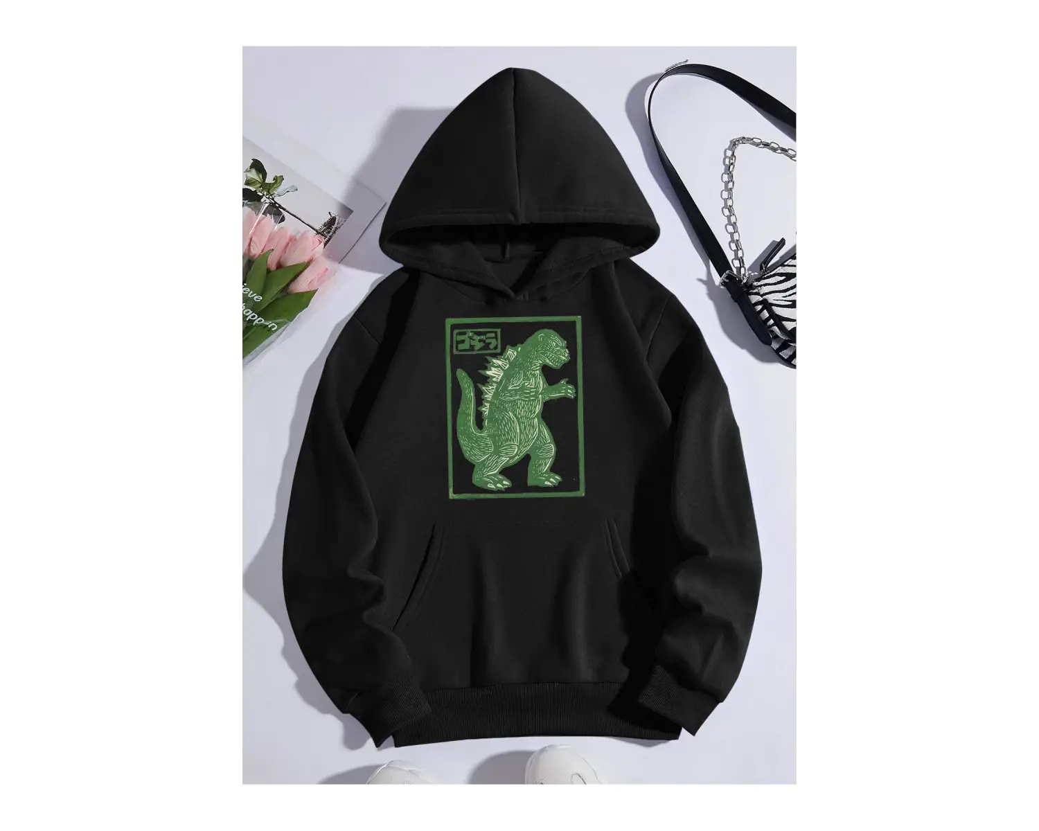 Unisex Oversize Kapüşonlu Kanguru Cepli Goodzila Baskılı Siyah