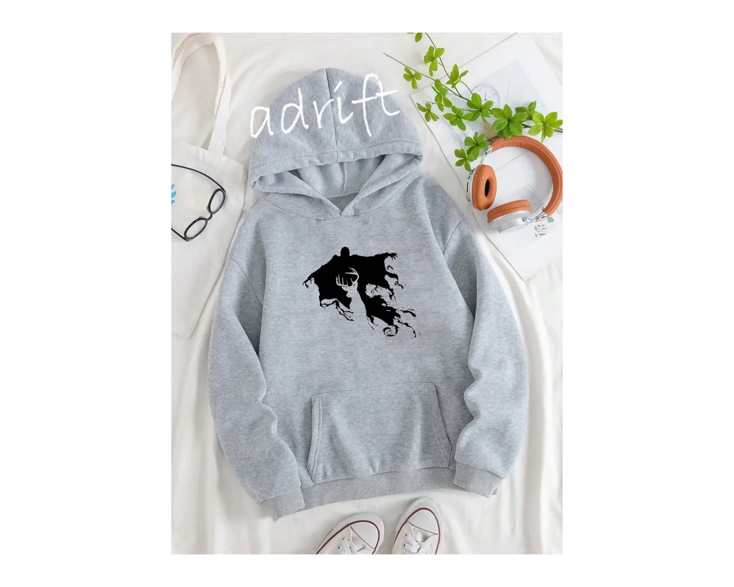 Unisex Oversize Kapüşonlu Kanguru Cepli Harry Potter Baskılı Gri