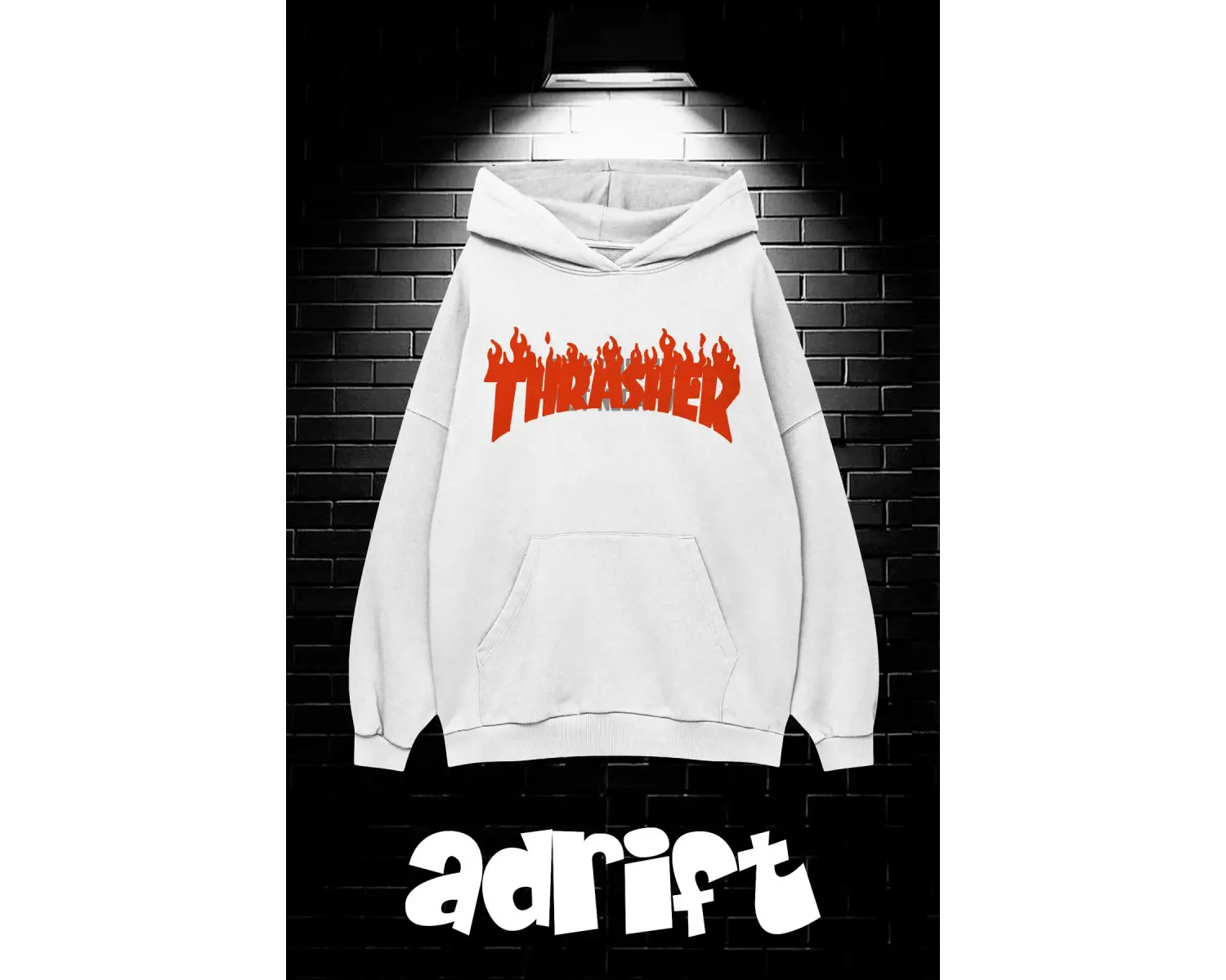 Unisex Oversize Kapüşonlu Kanguru Cepli Thrasher Baskılı Sweatshirt Hoodie Beyaz
