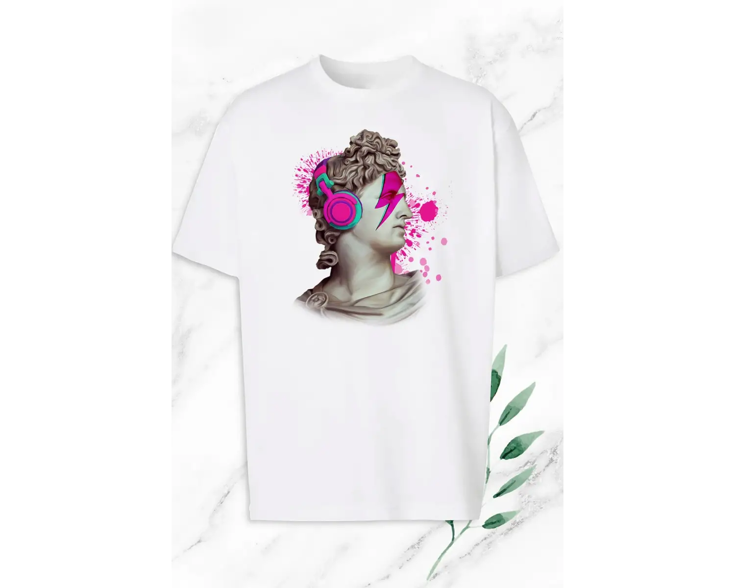 Unisex Oversize Mitoloji Trend Heykel Baskılı Beyaz Tişört