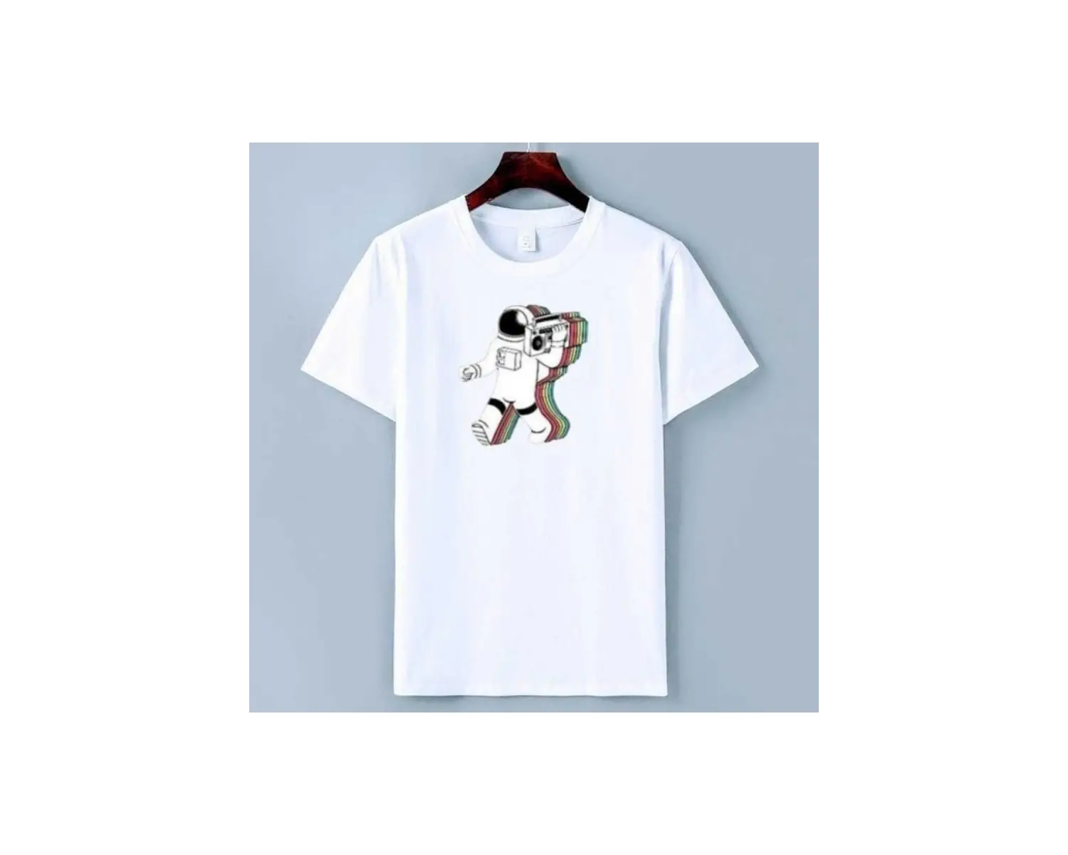 Unısex Oversıze Pamuklu Astronot Baskılı Siyah Beyaz Indigo Renk T-shirt