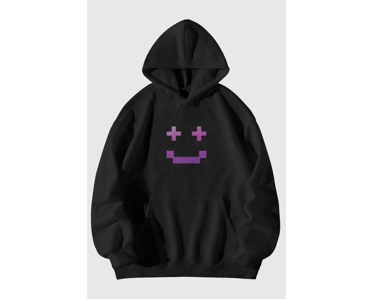 Unisex Pixel Yüz Baskılı Kanguru Cepli Kapüşonlu Sweatshirt Hoodie Siyah