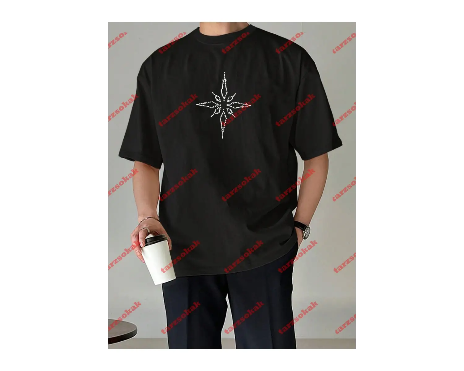 Unisex Pusula Baskılı Tshirt Beyaz