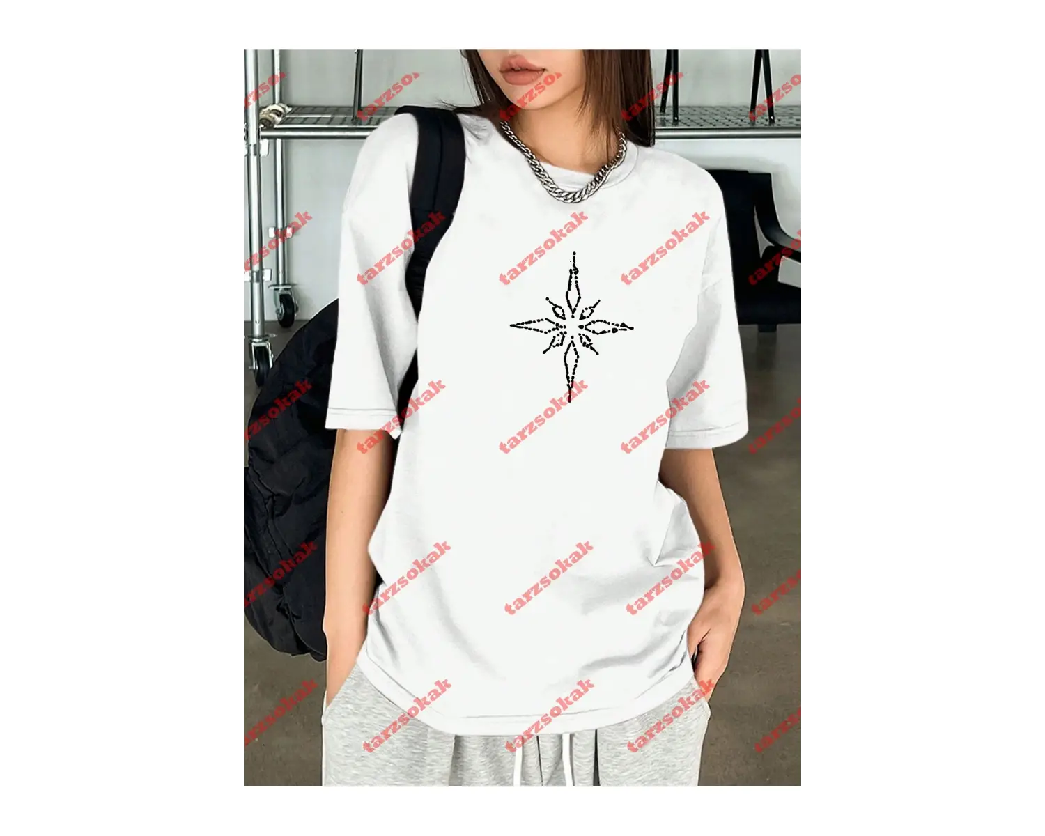 Unisex Pusula Baskılı Tshirt Beyaz