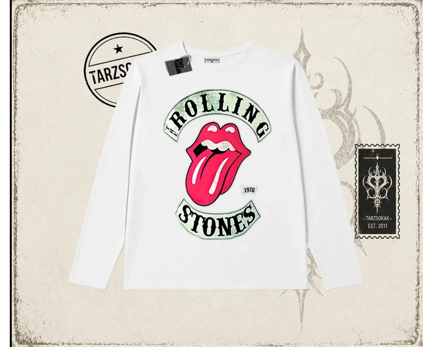 Unisex Rolling Stones 1978 Biskilet Yaka  Long Sleeve Beyaz