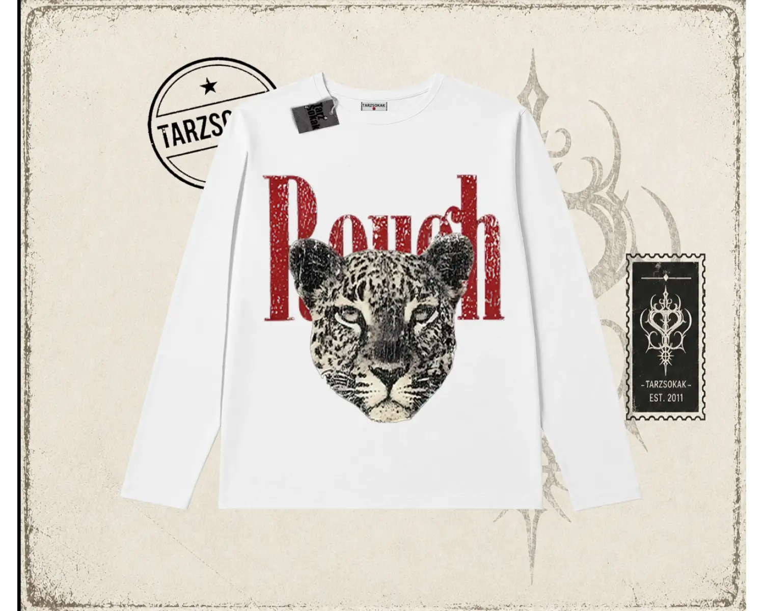 Unisex Rough Leopar Biskilet Yaka  Long Sleeve Beyaz