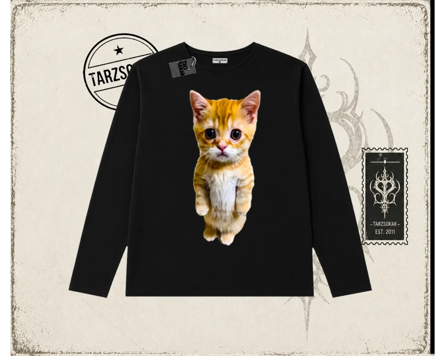 Unisex Sad Cat el gato Biskilet Yaka  Long Sleeve Beyaz