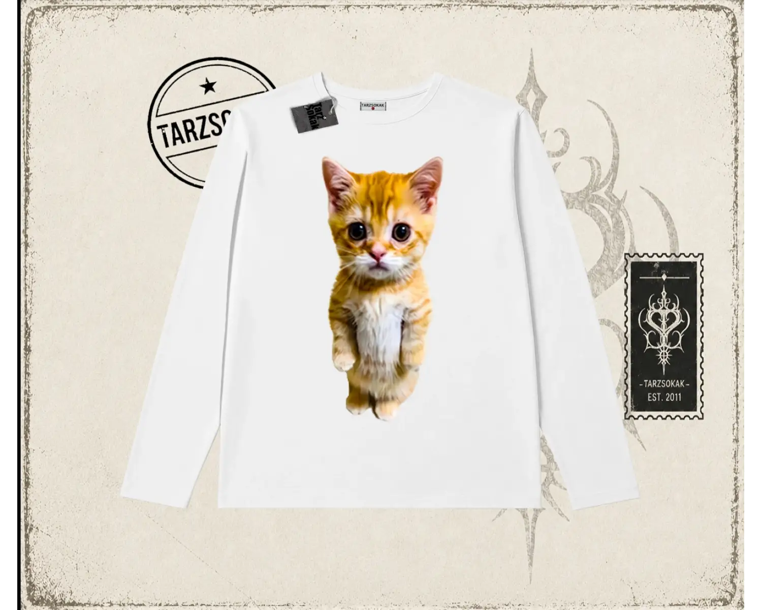 Unisex Sad Cat el gato Biskilet Yaka  Long Sleeve Beyaz