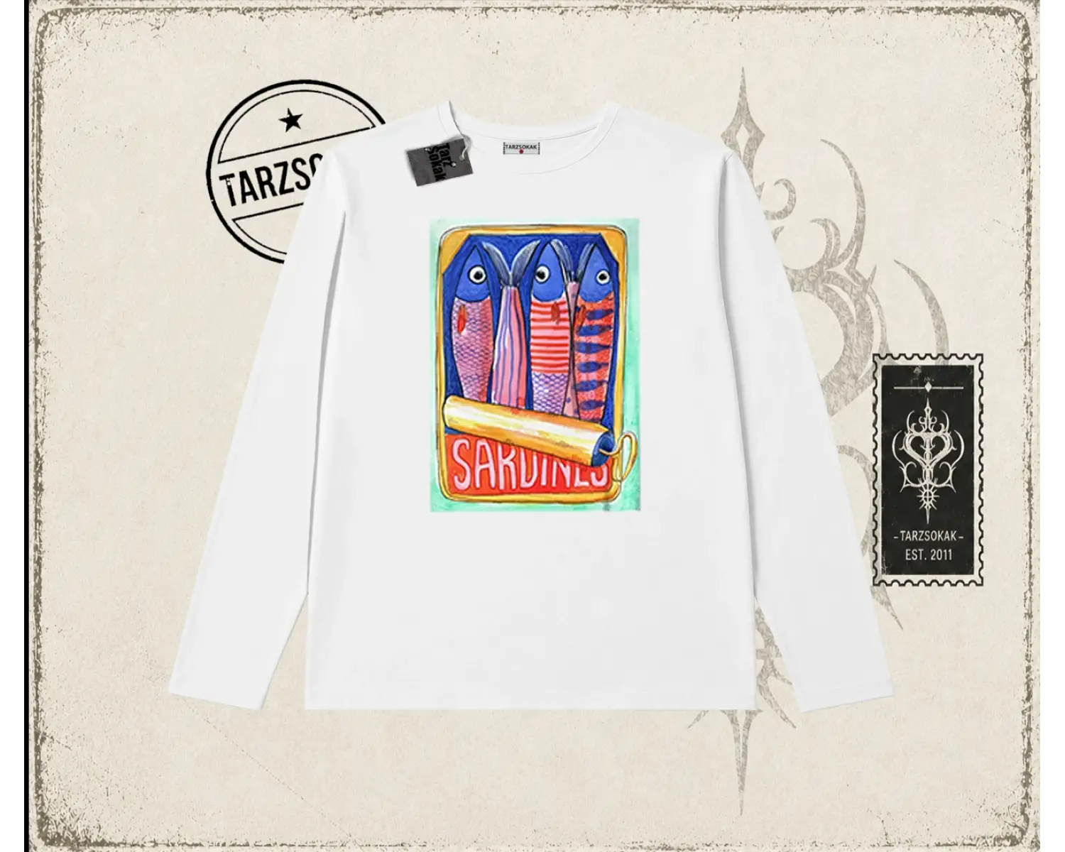 Unisex Sardines Tin Biskilet Yaka  Long Sleeve Beyaz