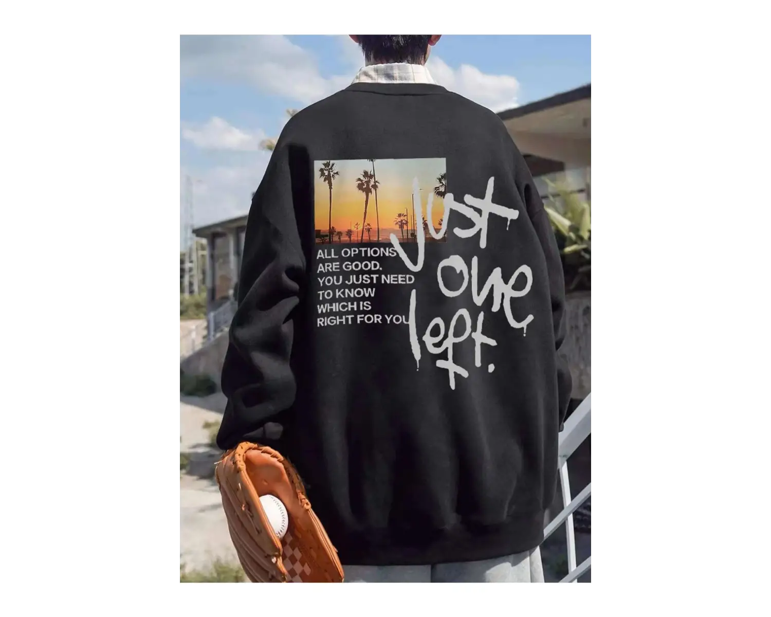 Unisex Scenery Baskılı Oversize Bisiklet Yaka Sweatshirt Siyah