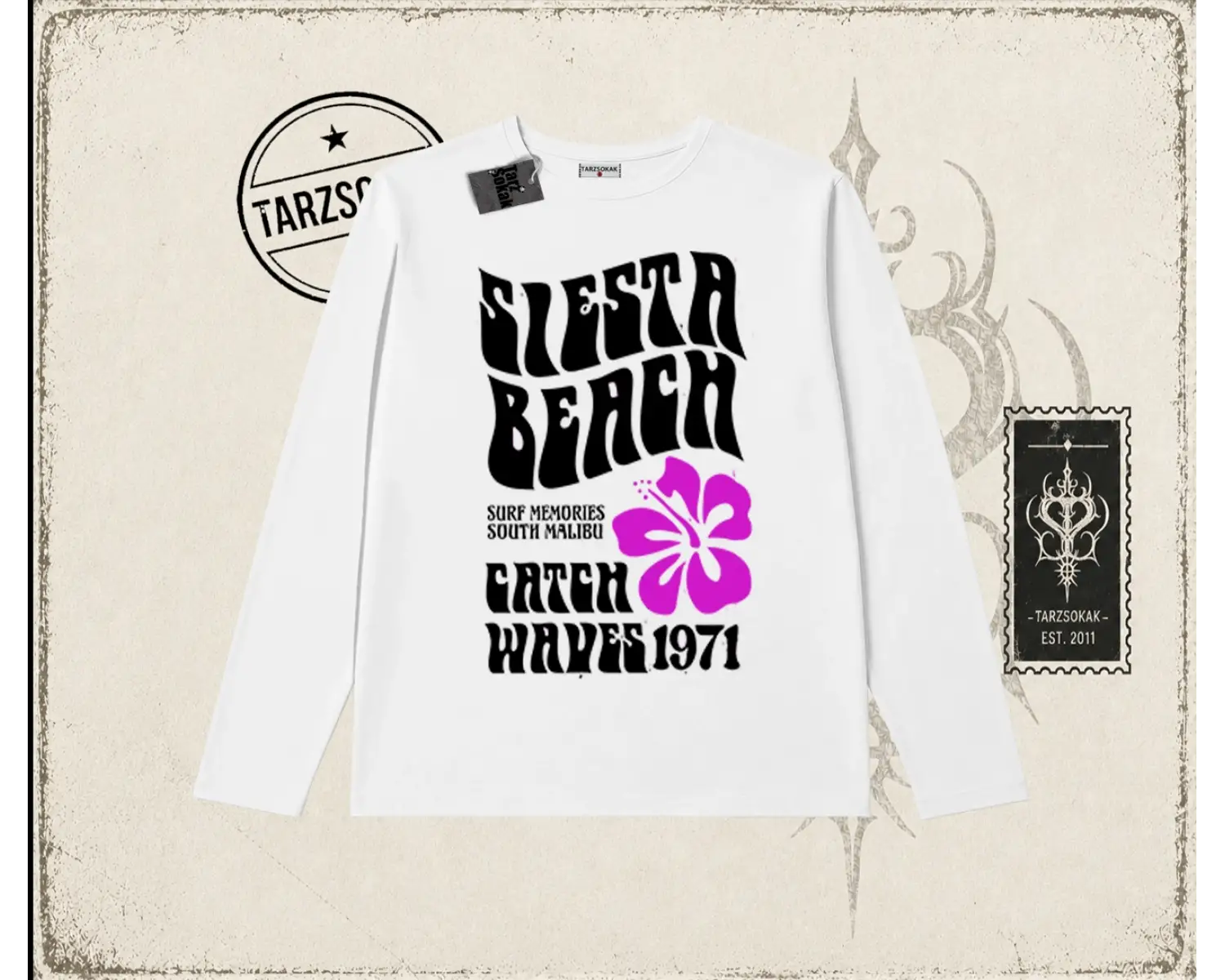 Unisex Siesta Beach Biskilet Yaka  Long Sleeve Beyaz