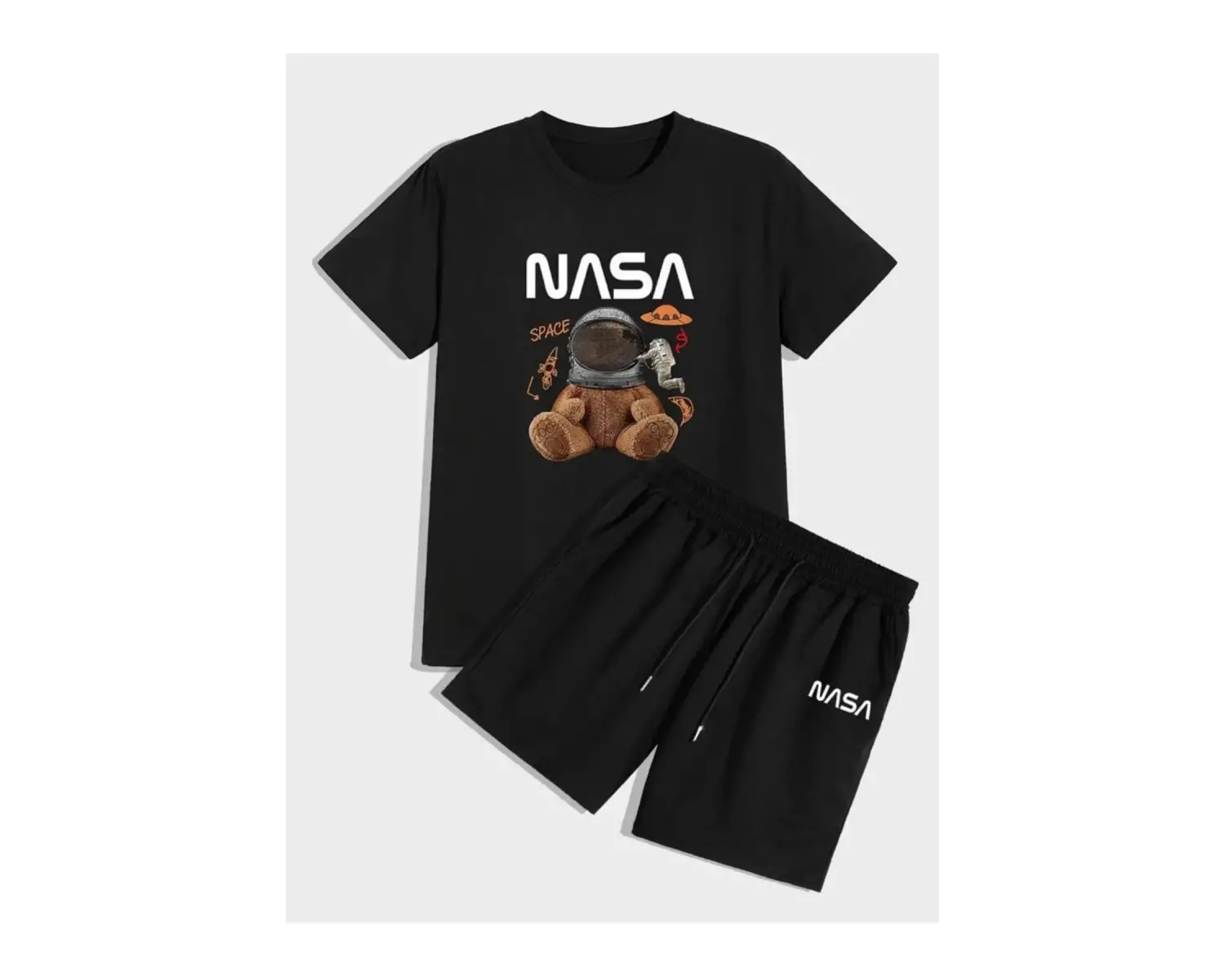 Unisex Siyah Alt-üst Tshirt Şort Kombini Nasa Ayıcık Baskılı Takım