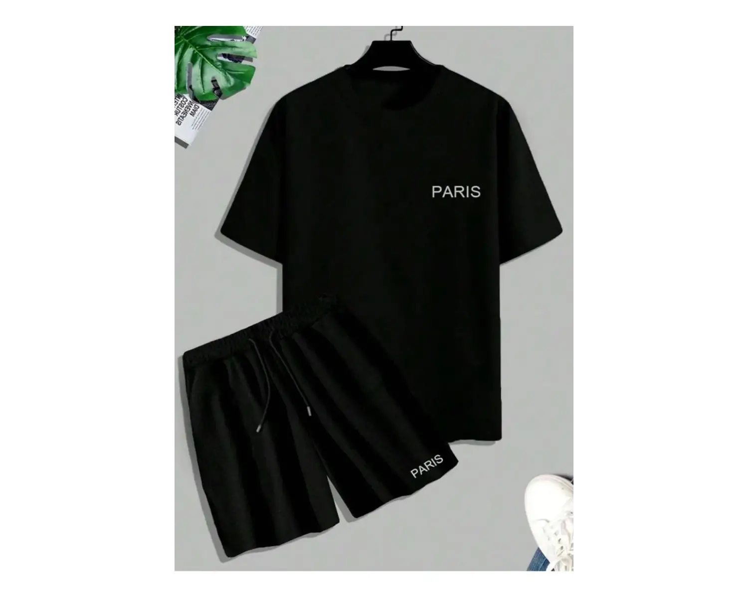 Unisex Siyah Alt-üst Tshirt Şort Kombini Paris Baskılı Takım