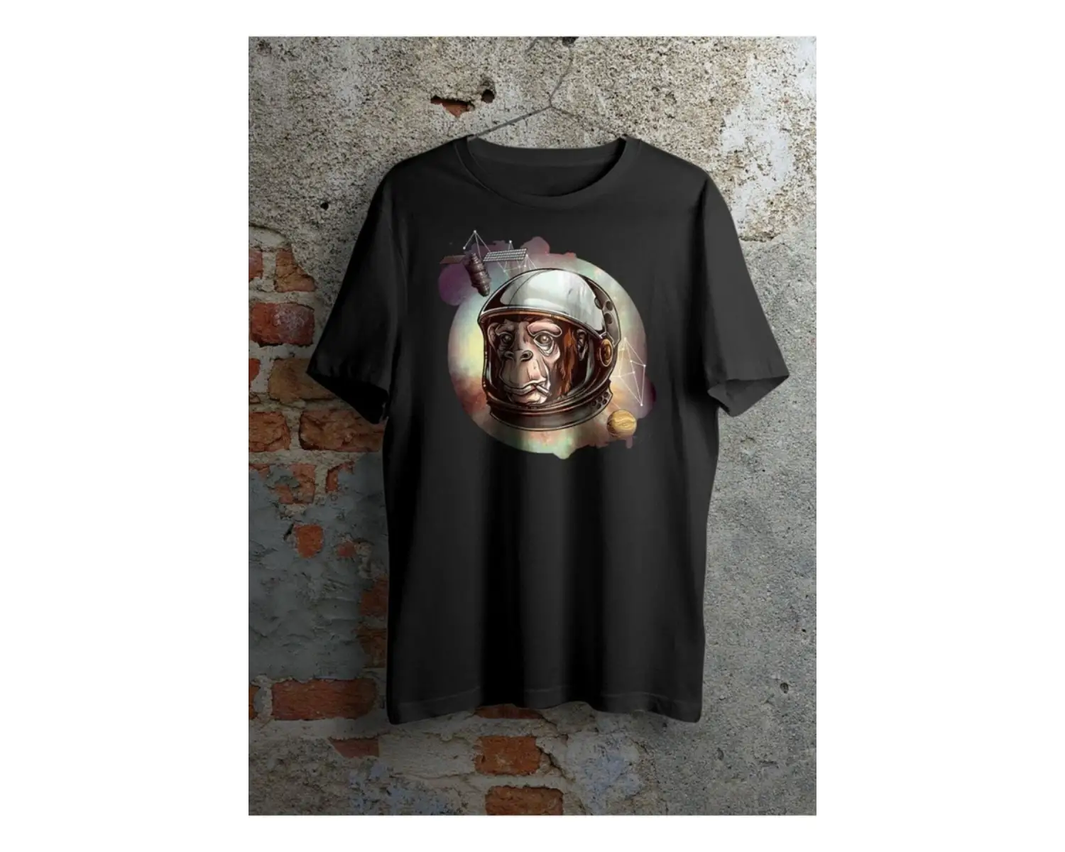 Unisex Siyah Astronot Maymun Baskılı Oversize Bisiklet Yaka Tişört