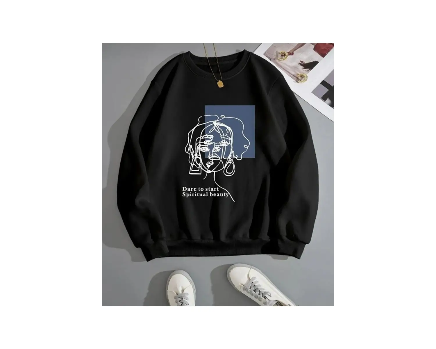 Unisex Siyah Bisiklet Yaka Kadın Surat Baskılı Pamuklu Sweatshirt