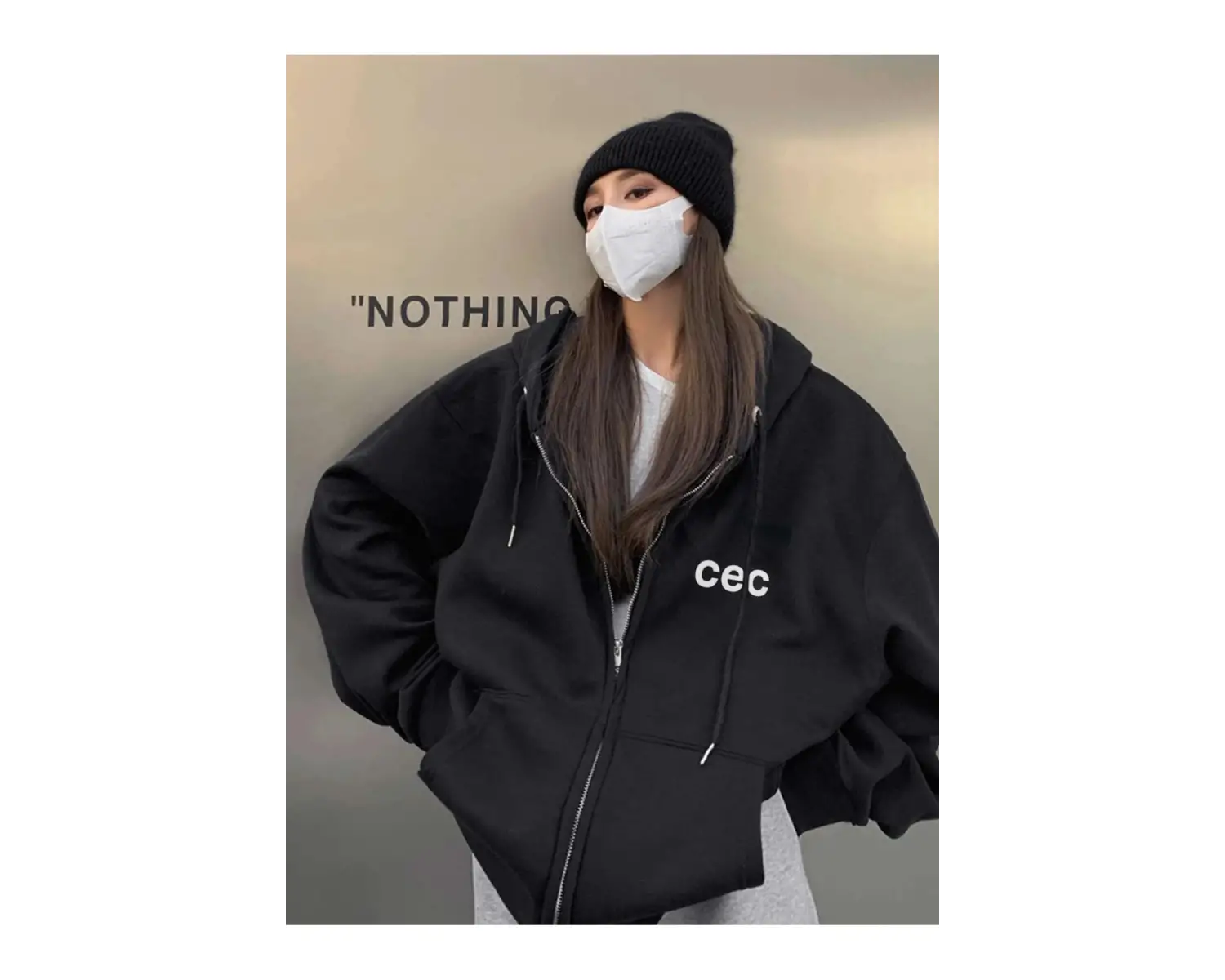 Unisex Siyah CEC Baskılı Oversize Kapüşonlu Hırka