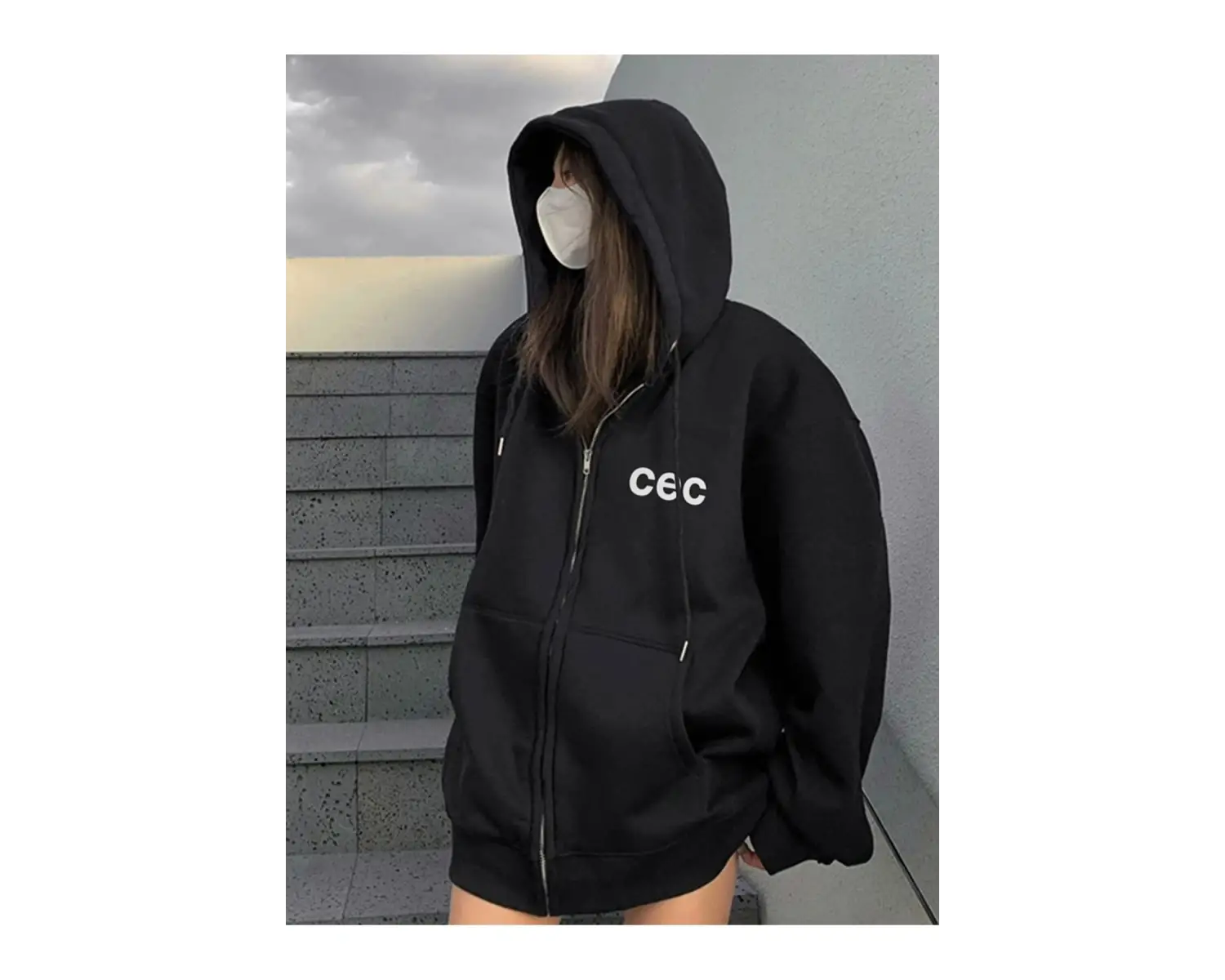 Unisex Siyah CEC Baskılı Oversize Kapüşonlu Hırka