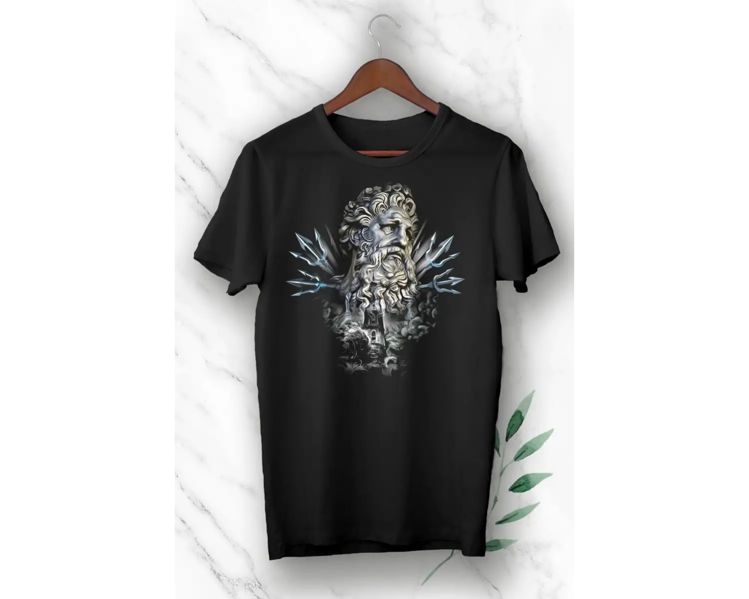 Unısex Siyah Denizler Tanrısı Poseidon Baskılı T Shirt