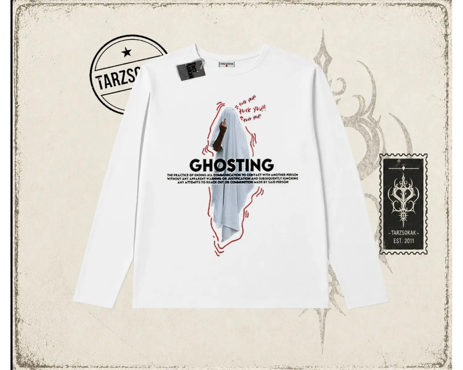Unisex Siyah Ghosting Biskilet Yaka  Long Sleeve Beyaz