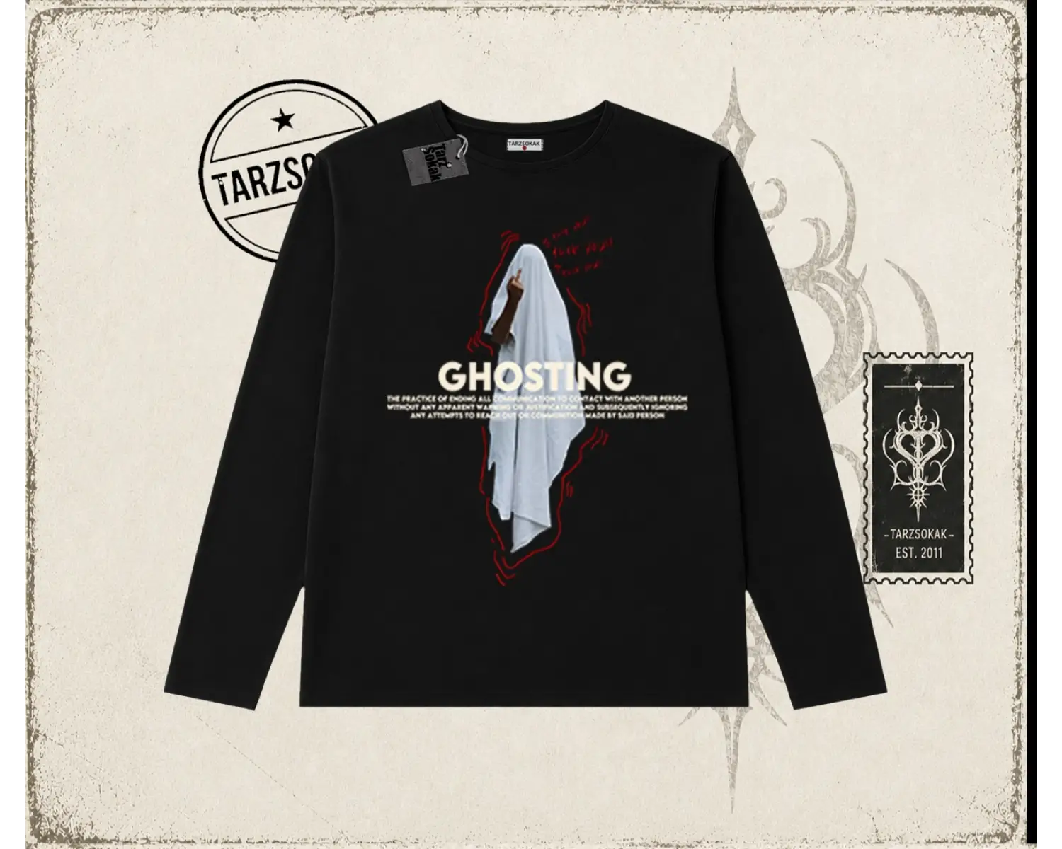 Unisex Siyah Ghosting Biskilet Yaka  Long Sleeve Beyaz